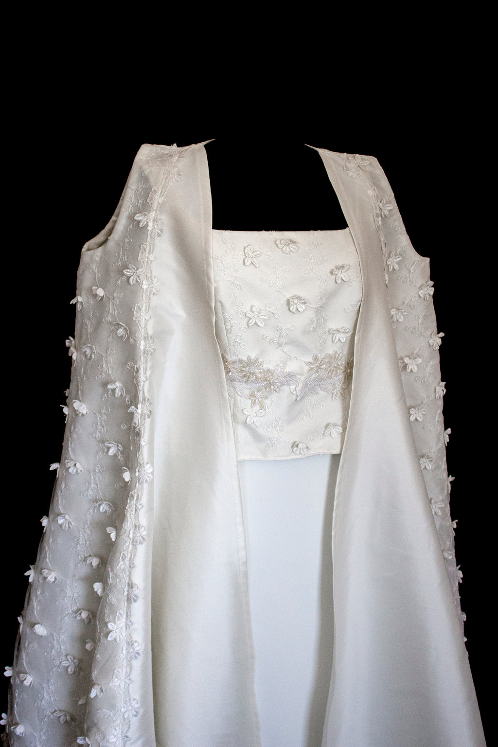 293 - UNIQUE UPCYCLED 3-PIECE BRIDAL SET: 3D FLORAL TOP, MIKADO SKIRT & BRIDAL VEST