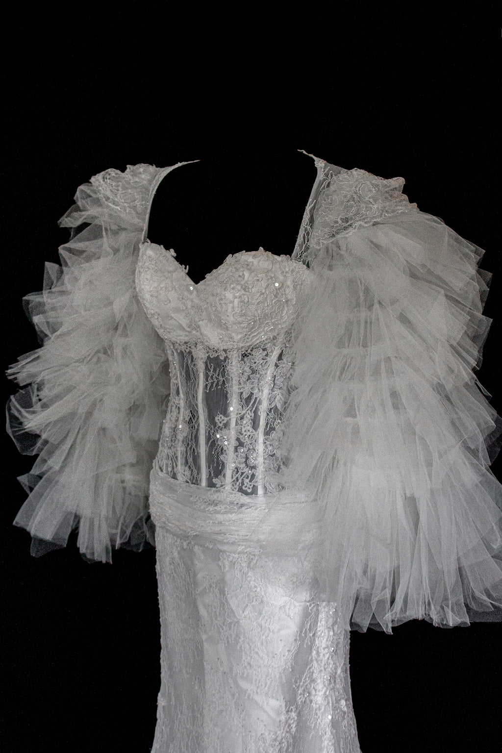 281 - SENSUAL BACKLESS BRIDAL GOWN: NUDE EFFECT EMBROIDERY & VAPOROUS TULLE RUFFLE SLEEVES