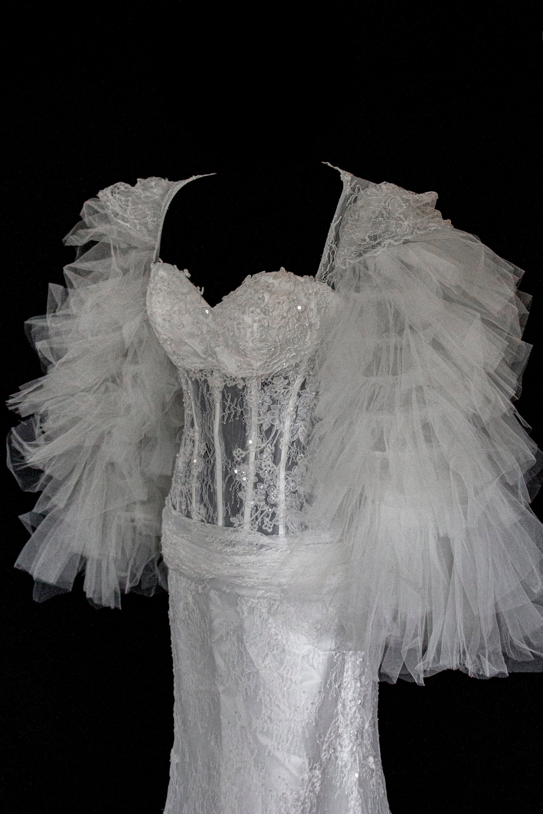 281 - SENSUAL BACKLESS BRIDAL GOWN: NUDE EFFECT EMBROIDERY & VAPOROUS TULLE RUFFLE SLEEVES