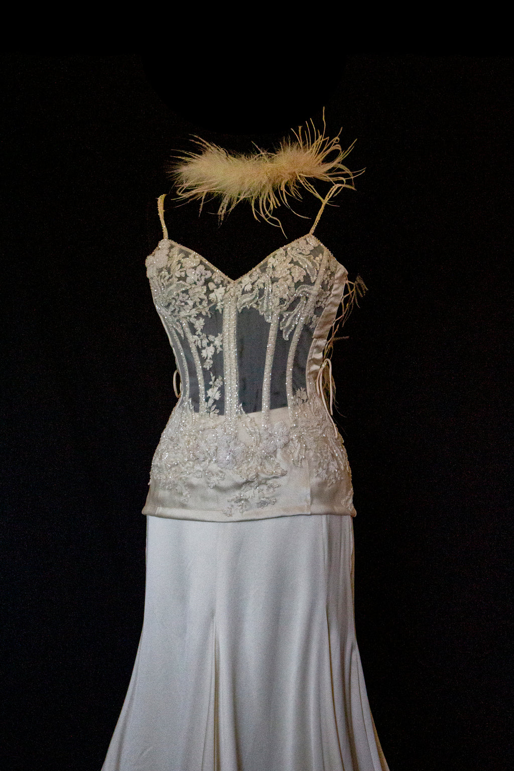 362 - VINTAGE 90s SILK BRIDAL TWO PIECE SET: EMBROIDERED BUSTIER AND FLUID CREAM SKIRT