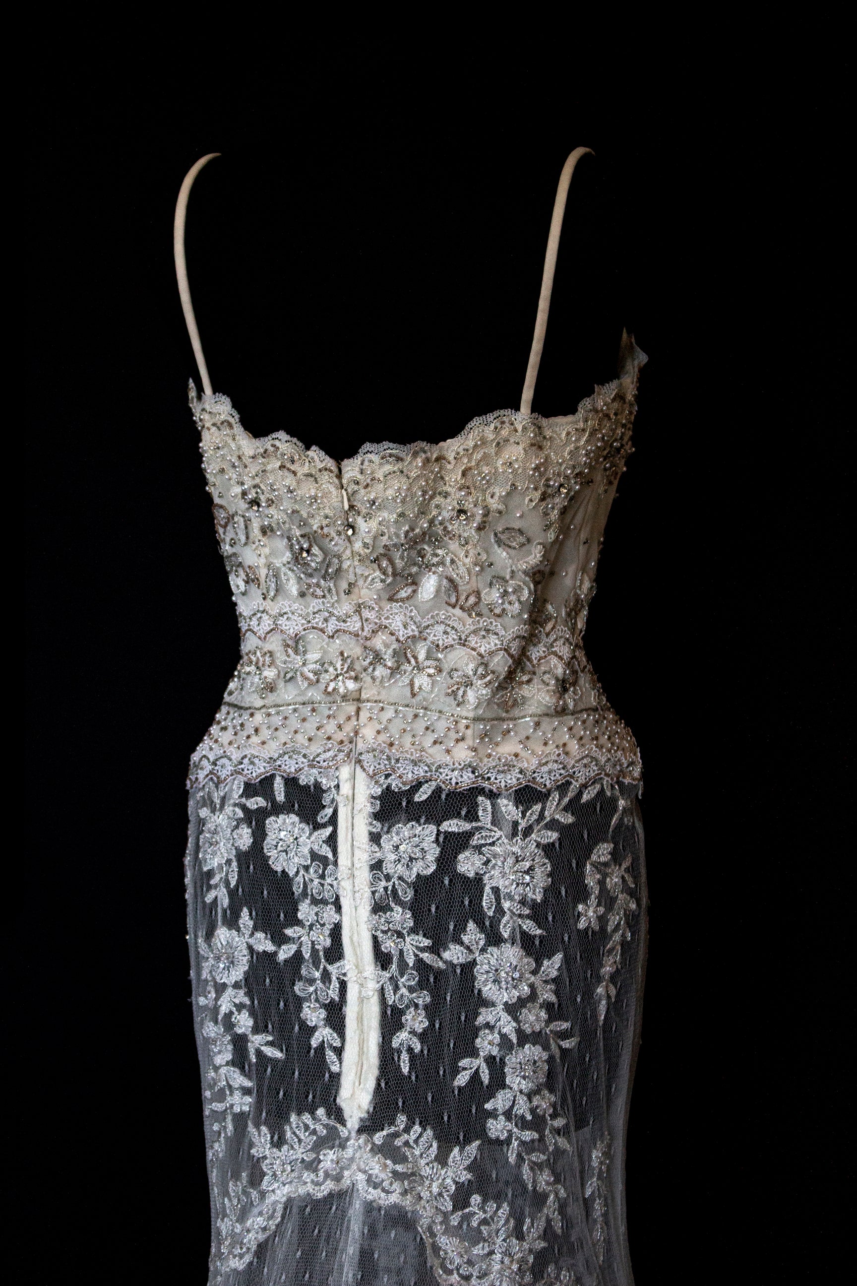 239 - VINTAGE OFF-WHITE MERMAID SWAROVSKI WEDDING DRESS: GOWN WITH NUDE POLKA DOT TULLE & SILVER FLORAL EMBROIDERY