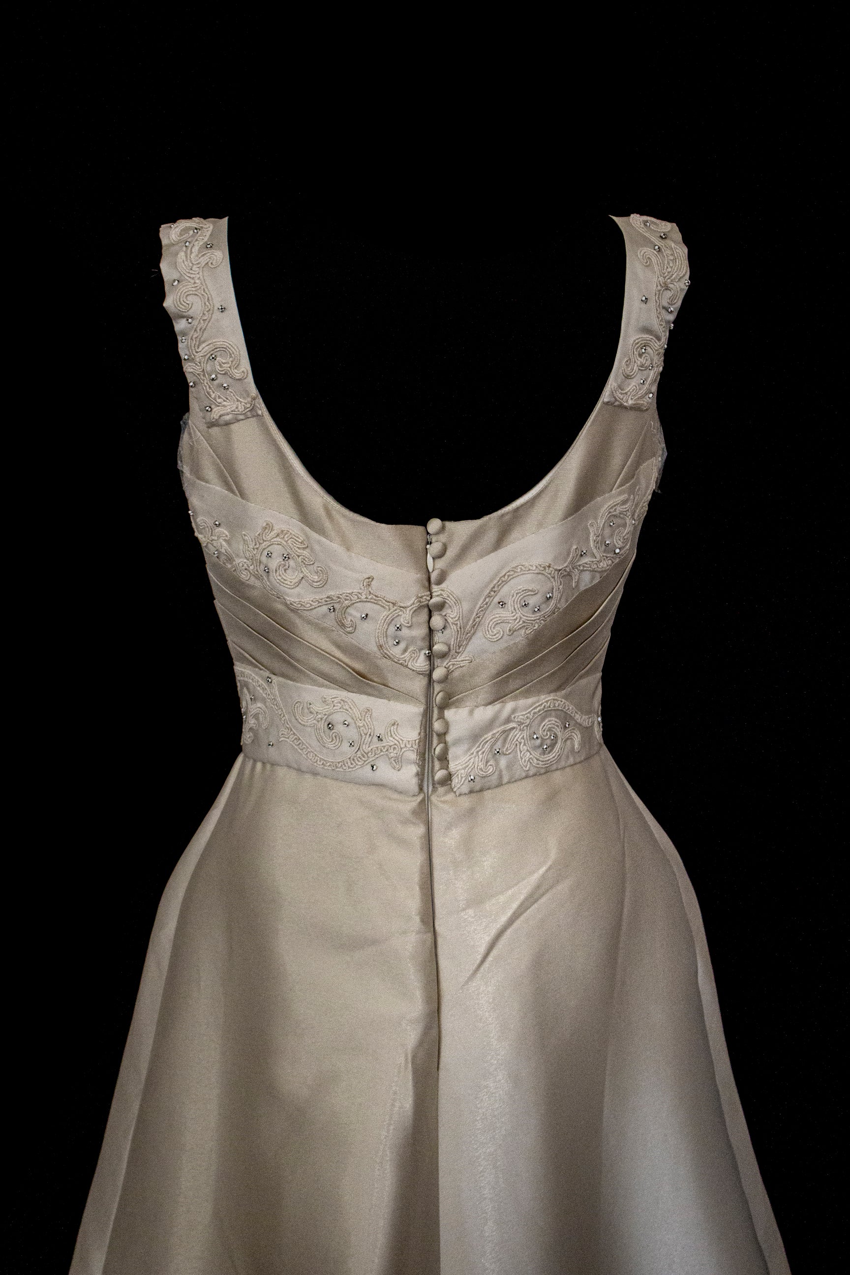 307 - REGAL BRONZE SILK MIKADO WEDDING DRESS: A-LINE GOWN WITH ANTIQUE 1960S EMBROIDERY