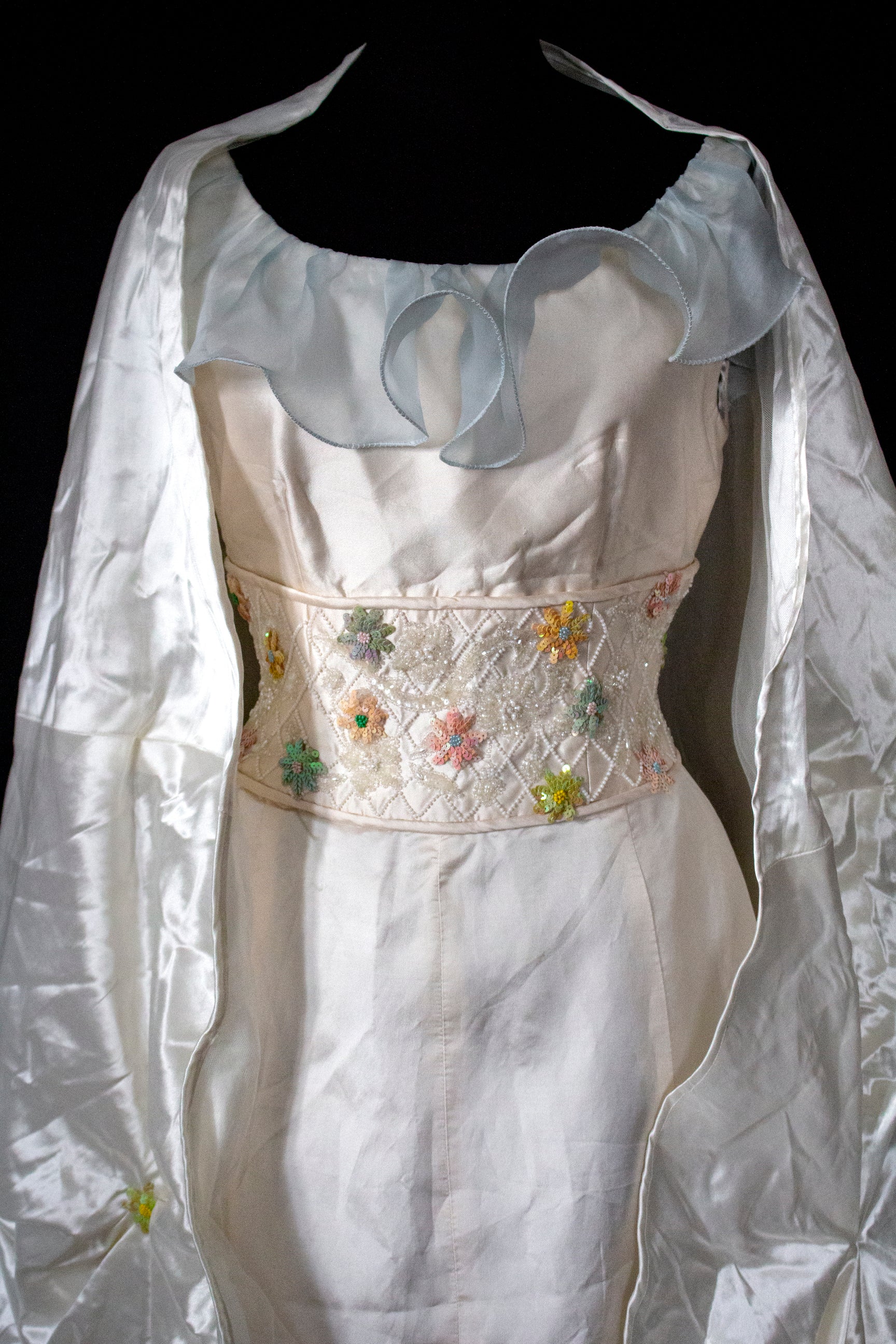346 - UNIQUE UPCYCLED SILK TAFFETA WEDDING DRESS: PALE PINK MIKADO GOWN WITH MINT RUFFLE, SEQUIN FLORAL EMBROIDERY & MAXI STOLE