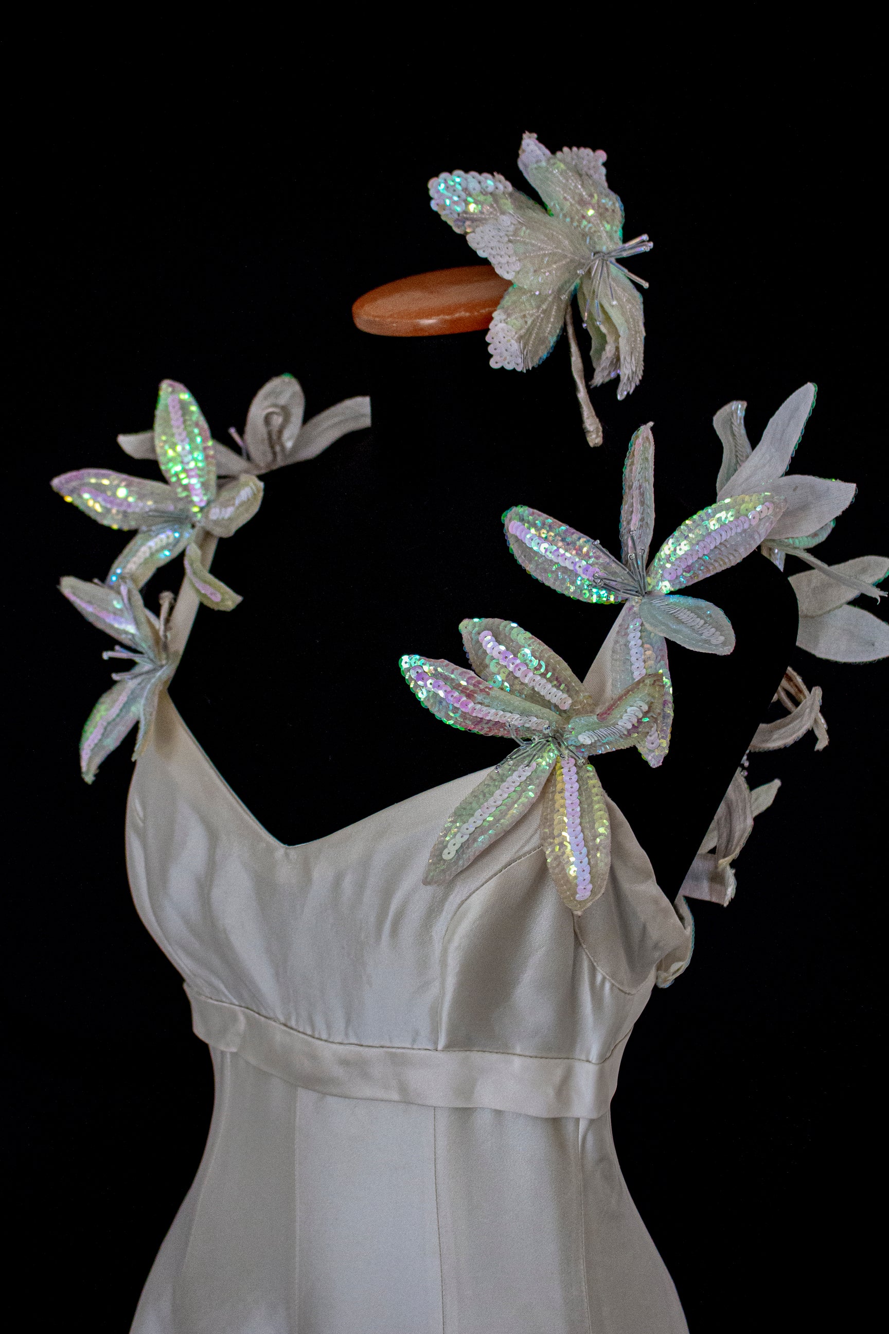 262 - RARE VINTAGE CHAMPAGNE BRIDAL GOWN: SILK MIKADO WITH AUTHENTIC 80S SEQUIN MAXI FLOWERS