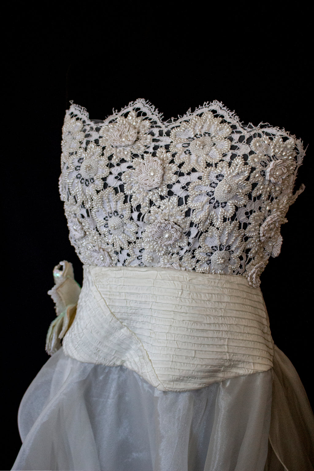 352 - UNIQUE 80S VINTAGE UPCYCLED WEDDING DRESS: EMPIRE WAIST SILK BRIDAL GOWN WITH IRIDESCENT ORGANZA & SEQUIN MAXI FLOWERS - Vague atelier