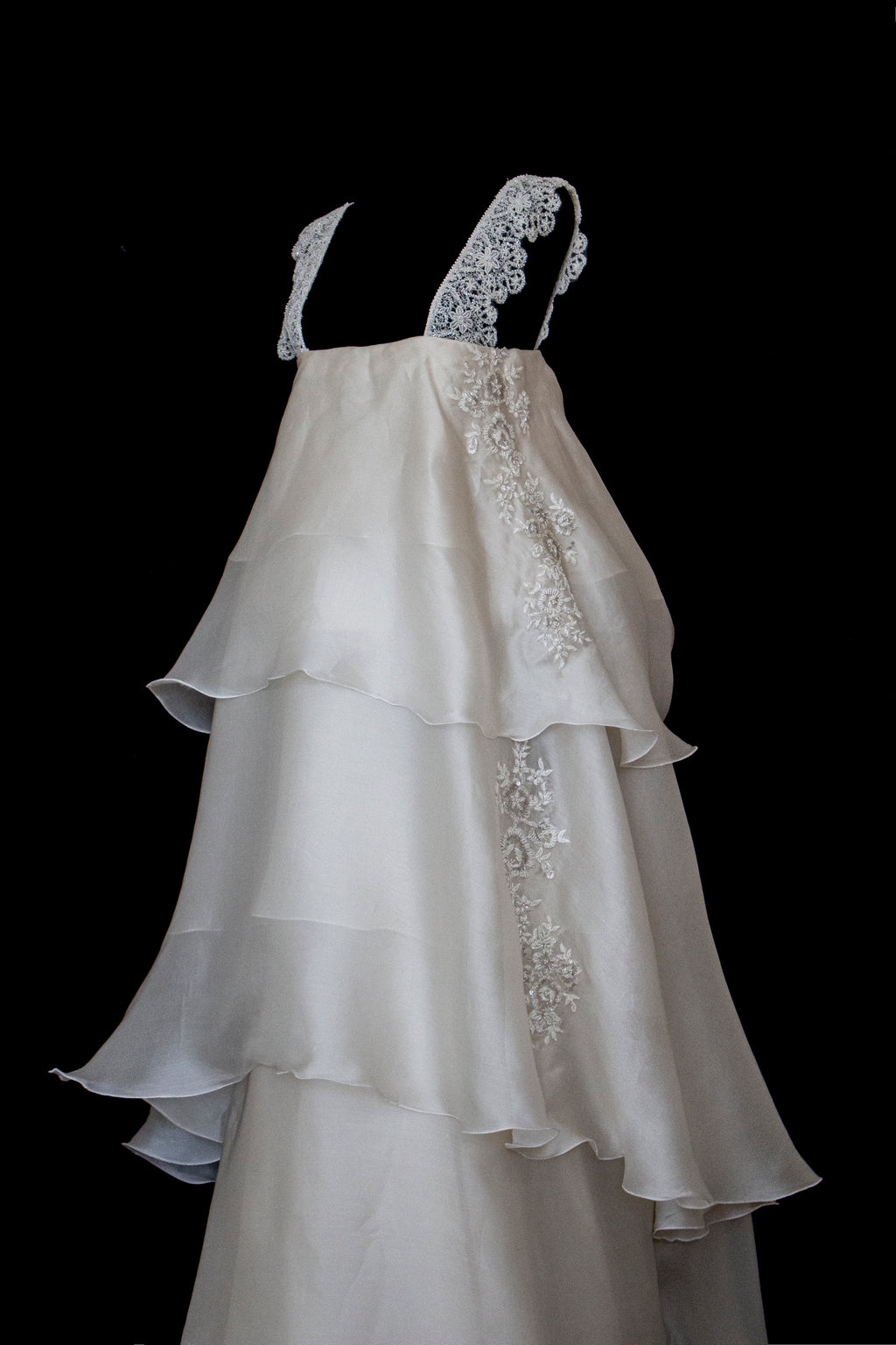 344 - UNIQUE UPCYCLED SILK ORGANZA WEDDING DRESS: PEARL GREY & BRONZE RUFFLED GOWN, SILVER EMBROIDERY, LUXURY SUSTAINABLE BRIDAL DRESS - Vague atelier