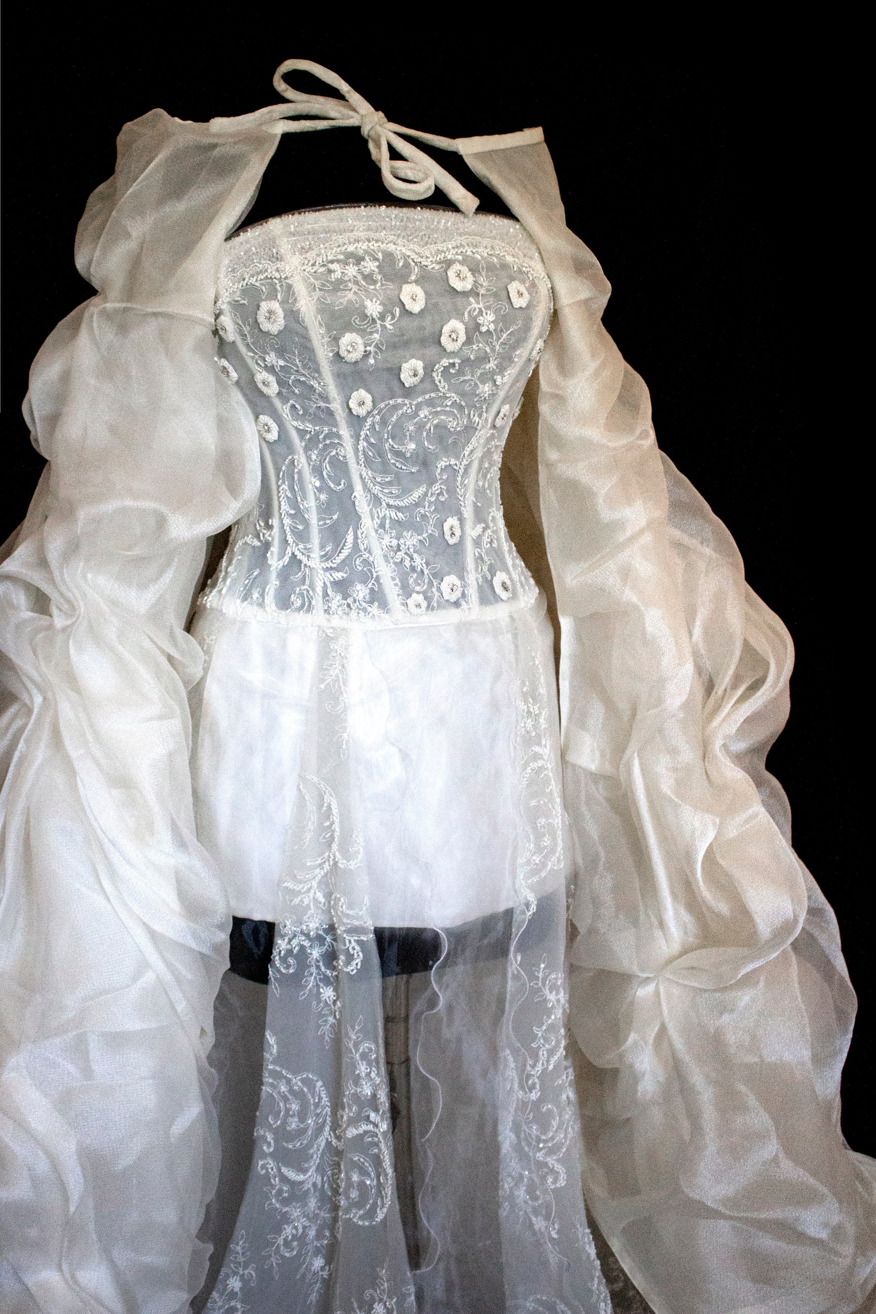 365 - VINTAGE 90s UPCYCLED EMBROIDERED WEDDING DRESS: STRAPLESS WRAP GOWN WITH IRIDESCENT DRAMA CAPE