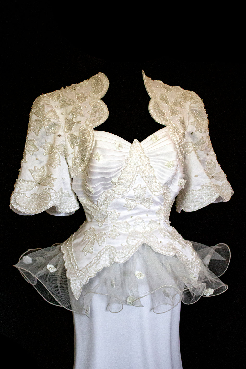 Vintage 80s Sheath Wedding Dress | Hand Embroidered Bridal Gown with Slit - 366