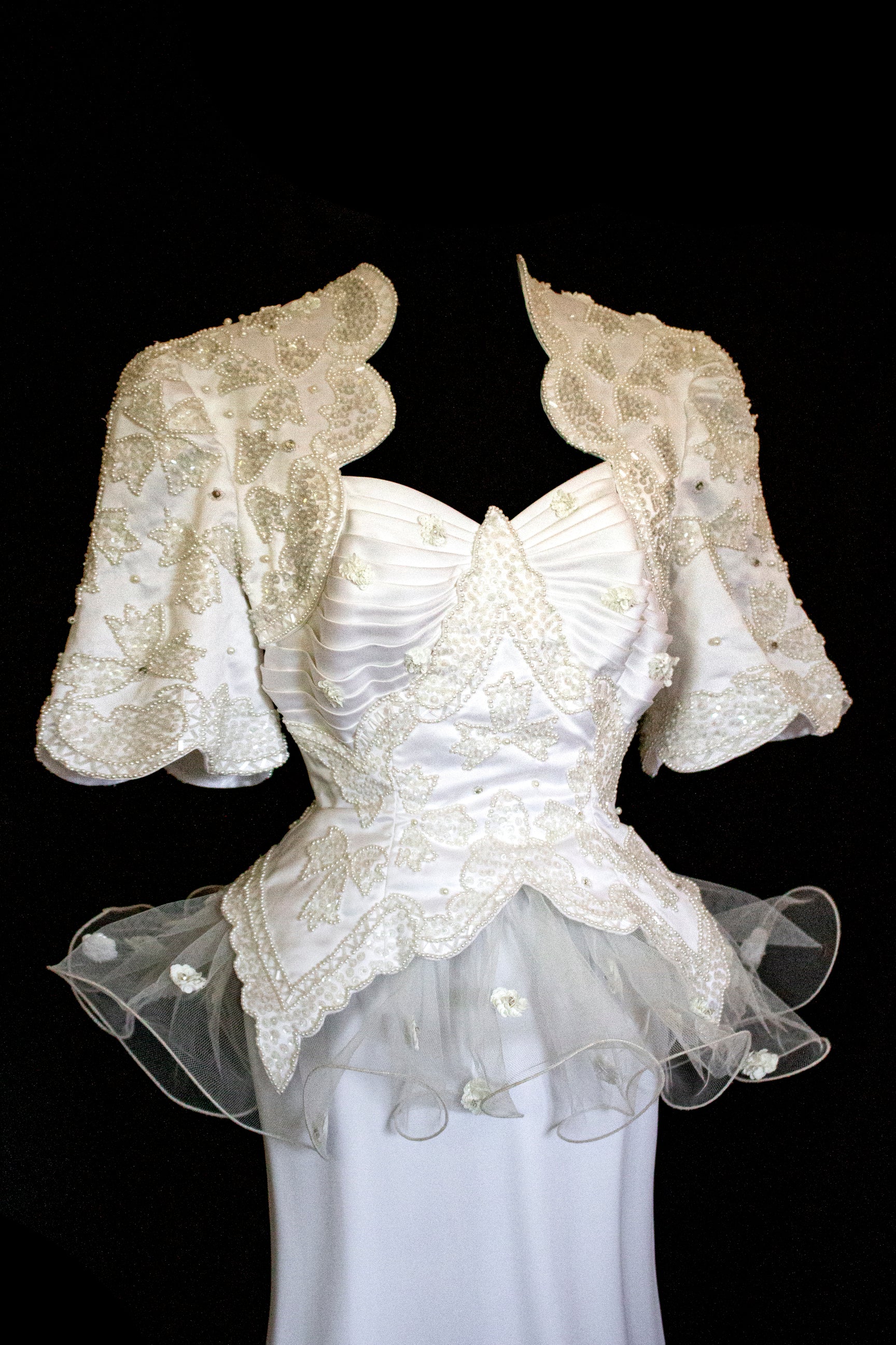 Vintage 80s Sheath Wedding Dress | Hand Embroidered Bridal Gown with Slit - 366
