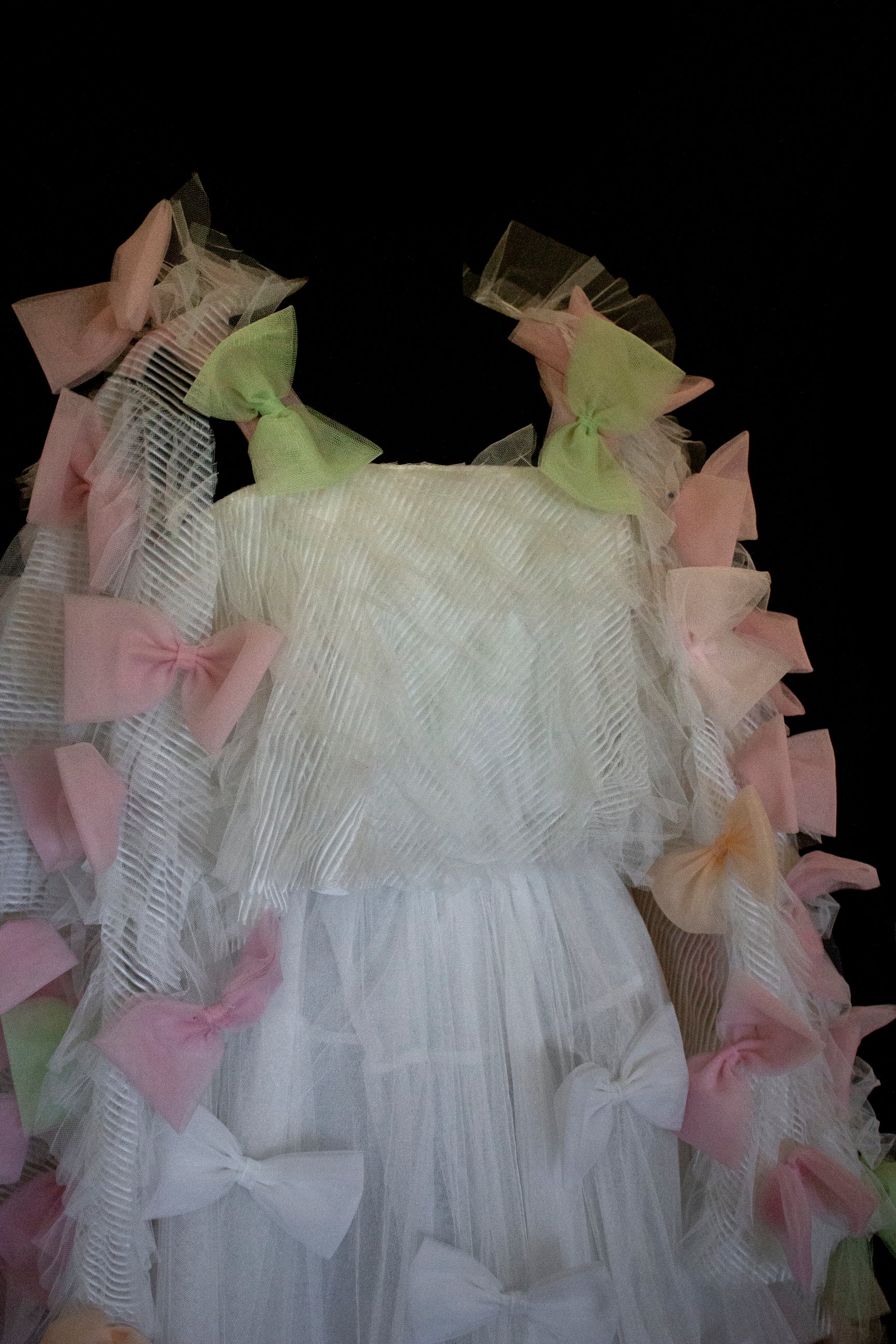 363 - VINTAGE 90s UPCYCLED TULLE 3-PIECE WEDDING DRESS: EMBROIDERED GOWN WITH HANDMADE BOWS AND CAPE