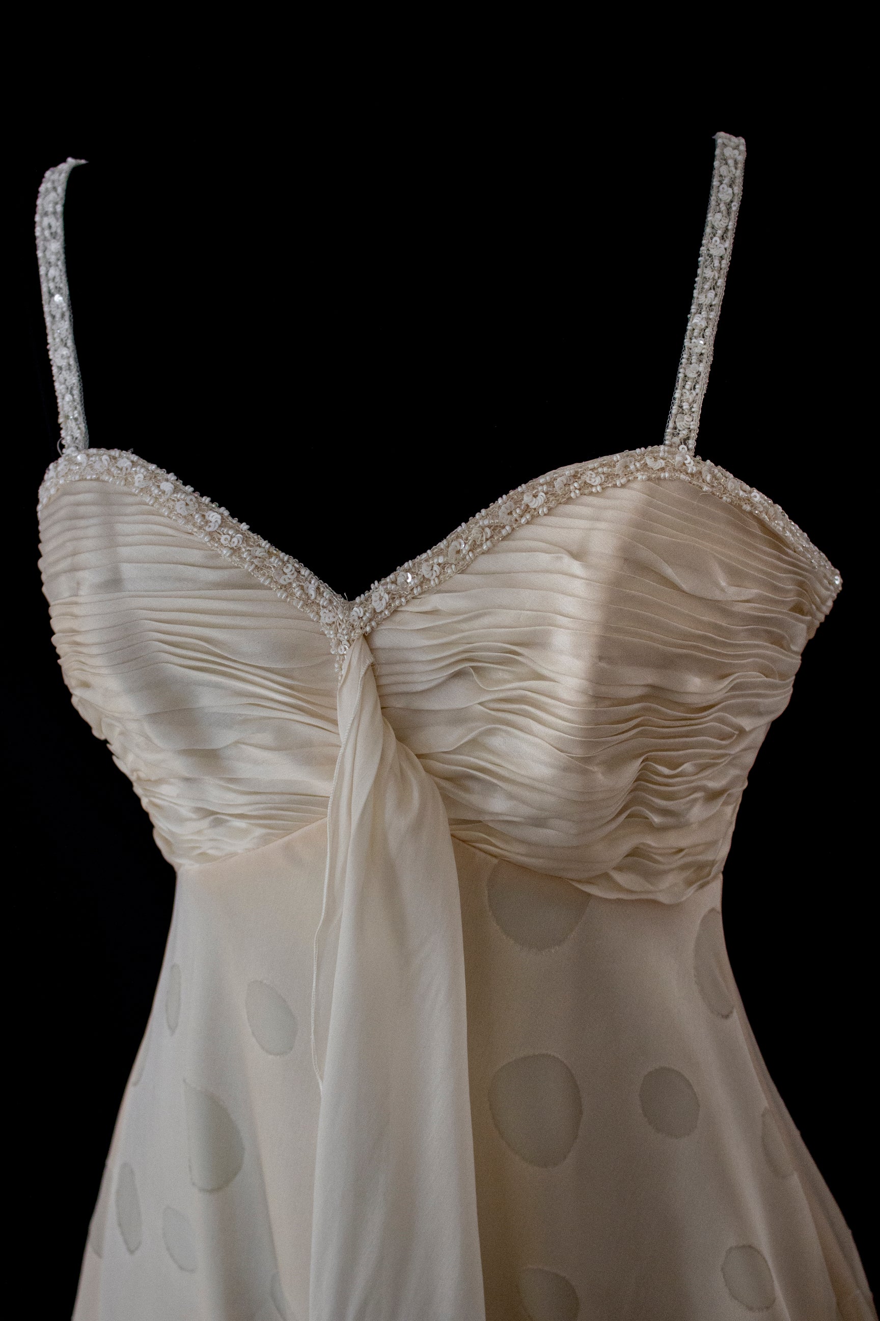 338 - IVORY CHAMPAGNE SILK ORGANZA WEDDING DRESS: POLKA / POIS DOT EMPIRE GOWN WITH BEADED STRAPS & FULL CIRCLE TRAIN - Vague atelier