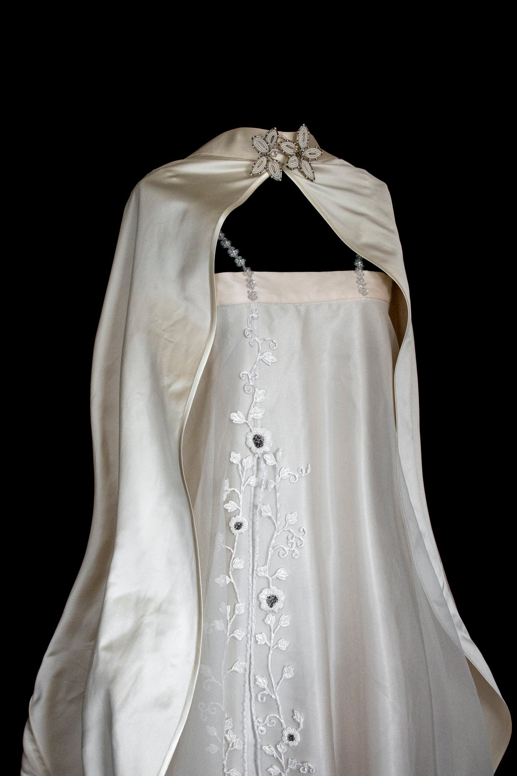 347 - UNIQUE UPCYCLED SILK SATIN WEDDING DRESS: POWDER PINK SLIP GOWN & IVORY CAPE ENSEMBLE, SILVER FLORAL EMBROIDERY, BOHO LUXURY
