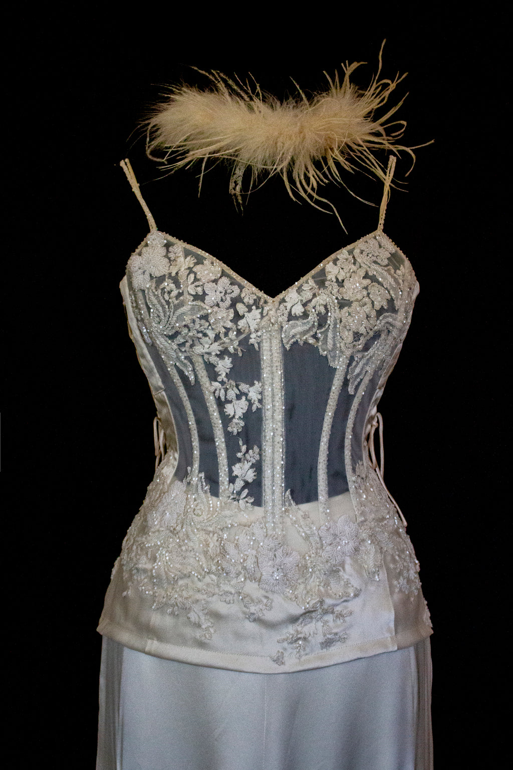 362 - VINTAGE 90s SILK BRIDAL TWO PIECE SET: EMBROIDERED BUSTIER AND FLUID CREAM SKIRT