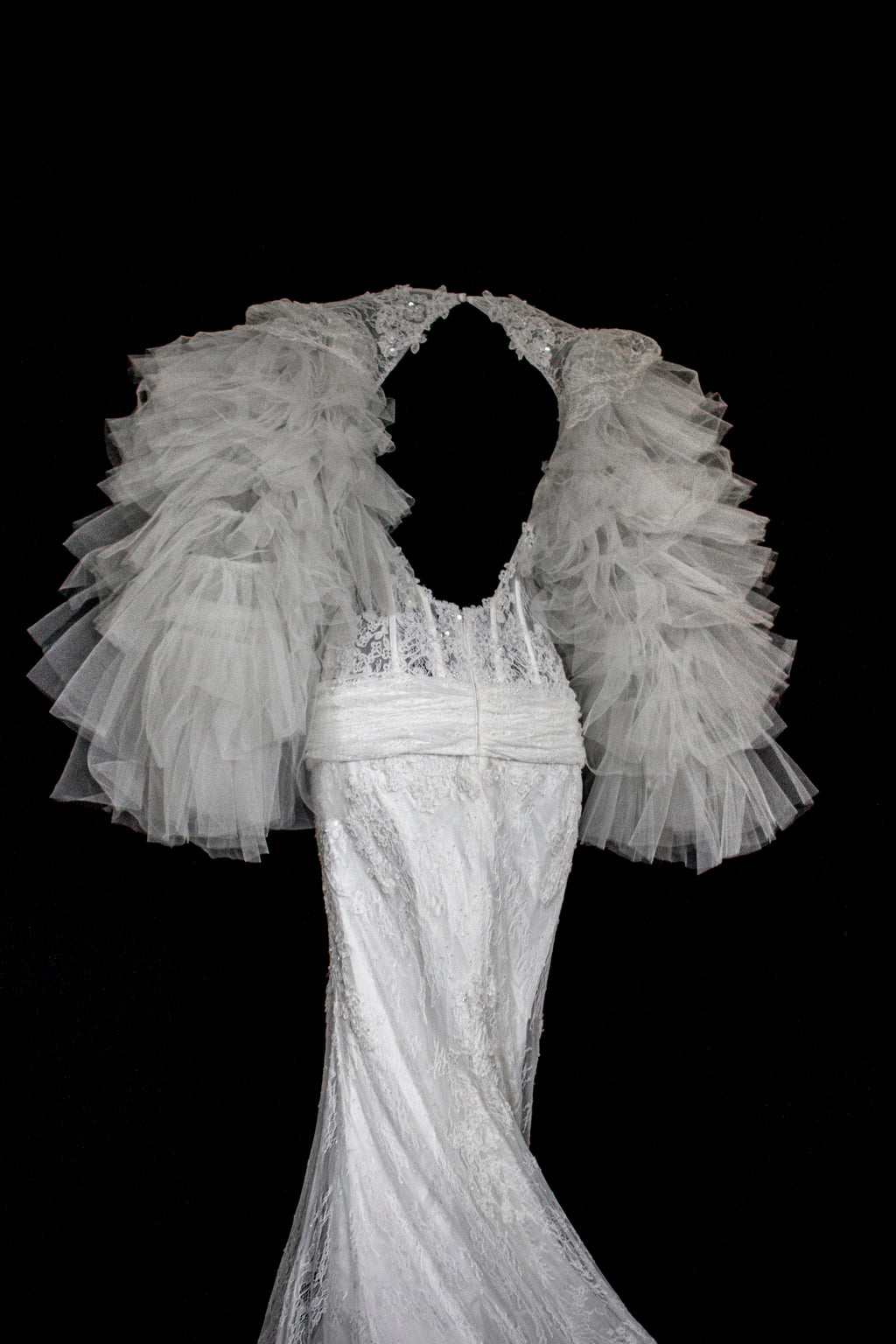 281 - SENSUAL BACKLESS BRIDAL GOWN: NUDE EFFECT EMBROIDERY & VAPOROUS TULLE RUFFLE SLEEVES