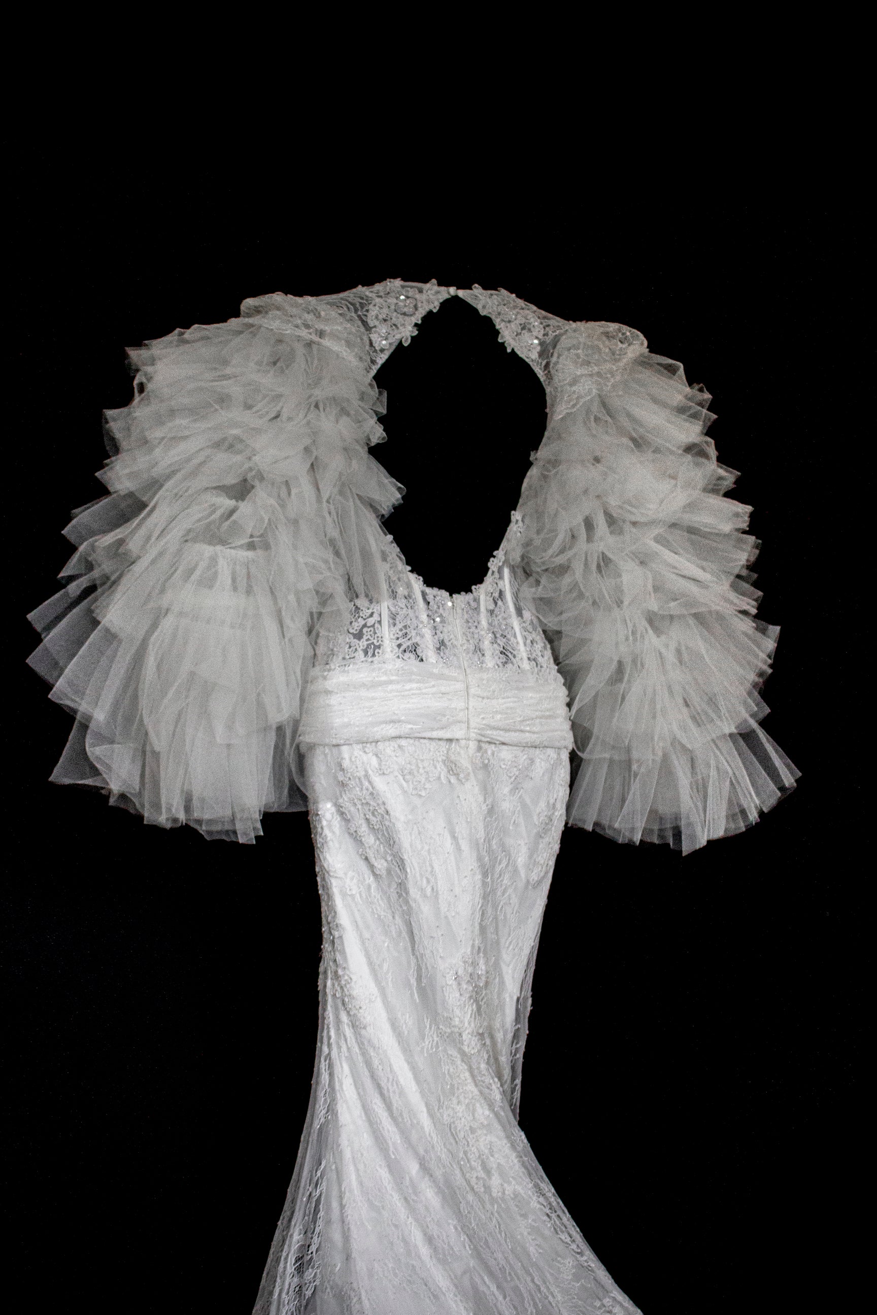 281 - SENSUAL BACKLESS BRIDAL GOWN: NUDE EFFECT EMBROIDERY & VAPOROUS TULLE RUFFLE SLEEVES