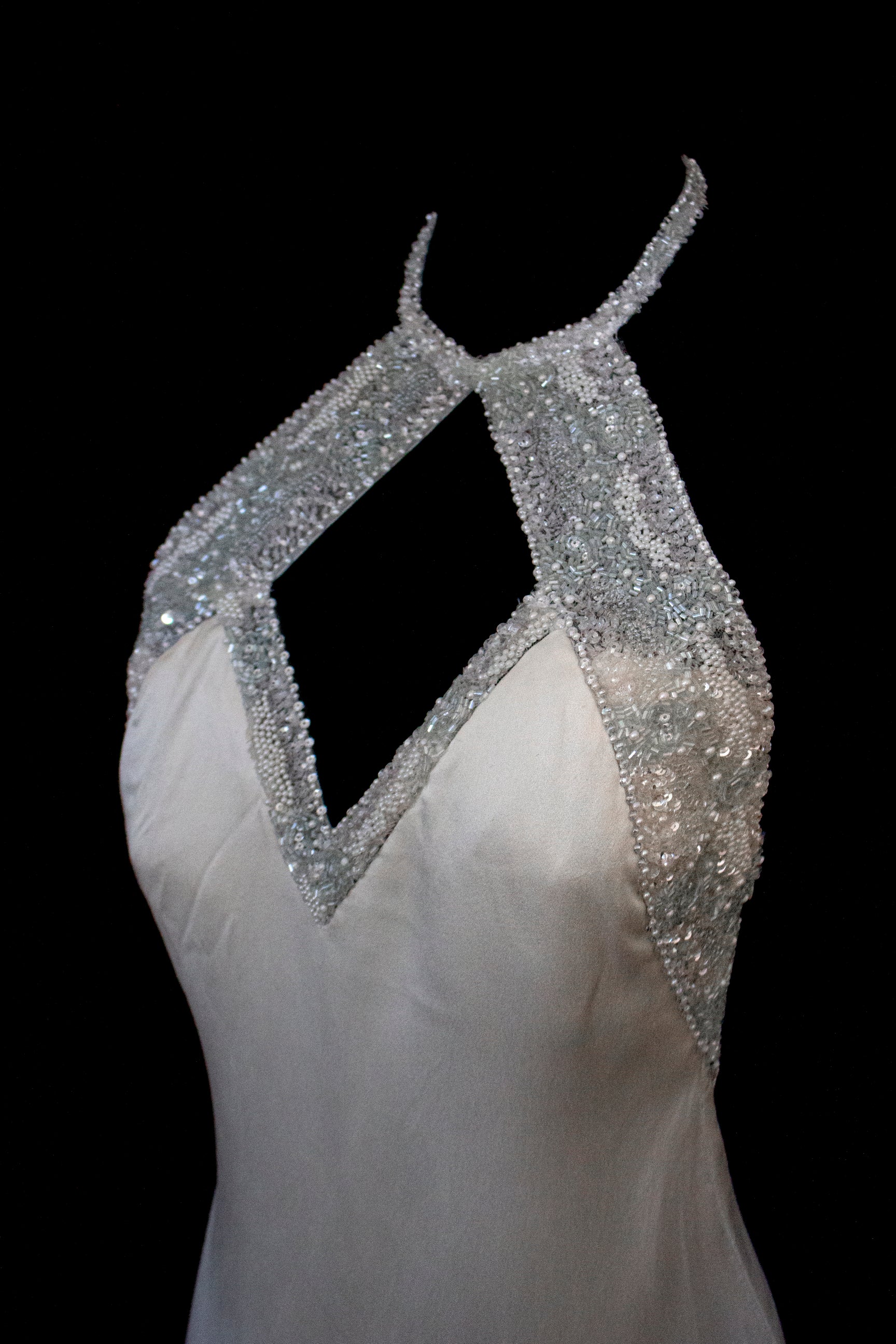 291 - OLD HOLLYWOOD VINTAGE MERMAID BRIDAL GOWN: BACKLESS SILK SATIN & ART DECO SILVER BEADING