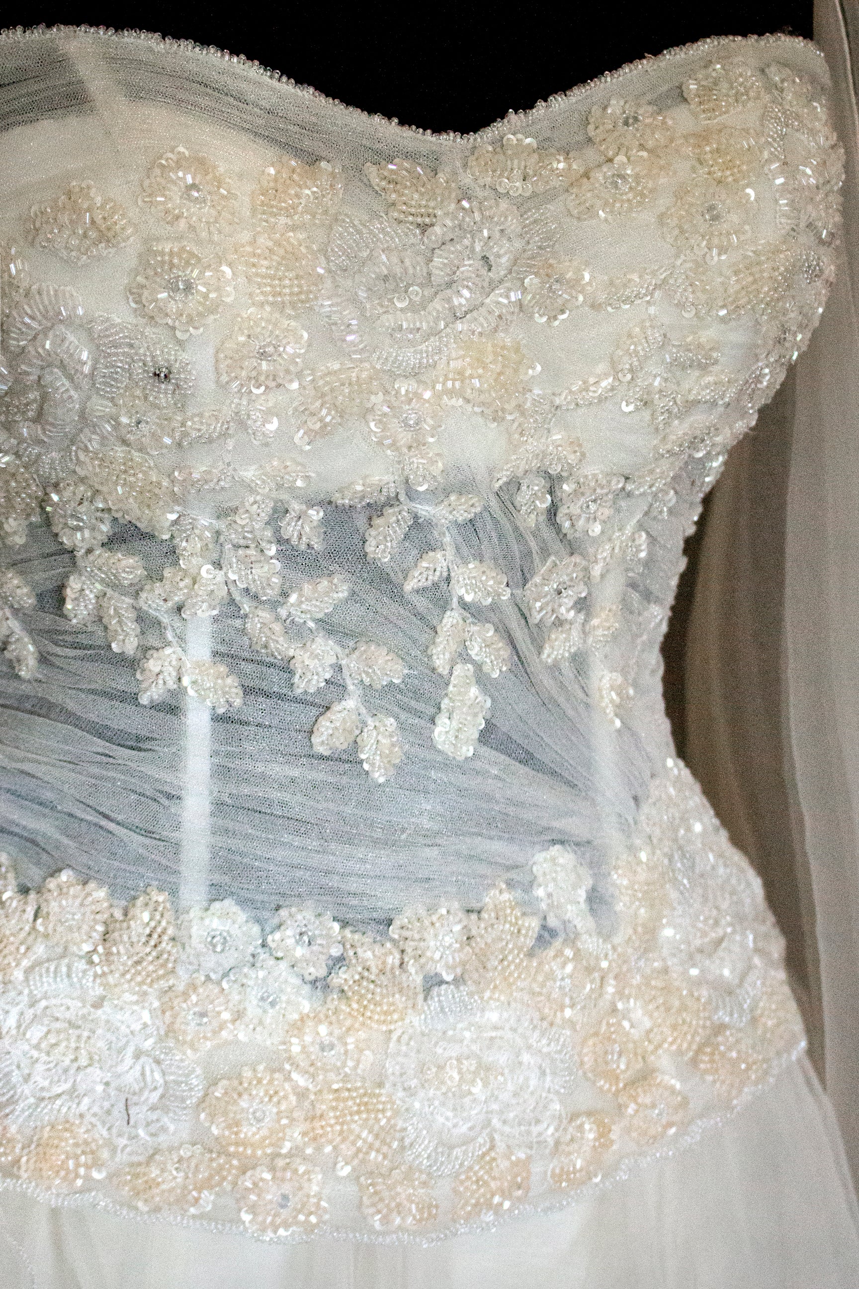 361 - VINTAGE PRINCESS WEDDING DRESS: ECRU SILK TULLE GOWN WITH EMBROIDERED STRAPLESS BODICE