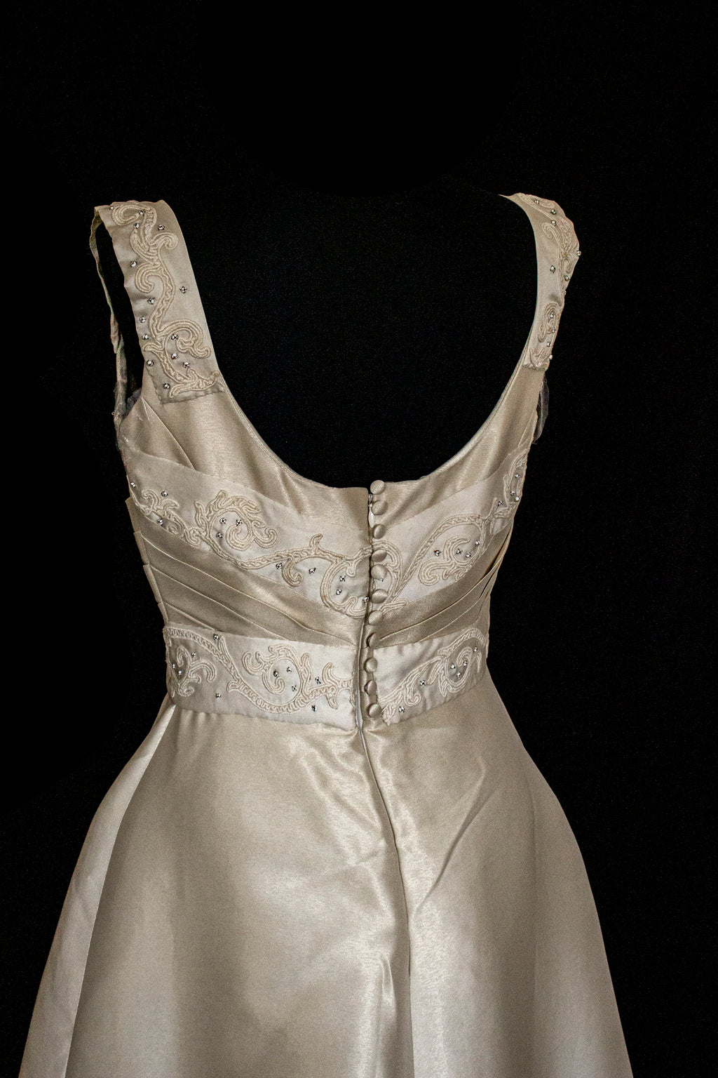 307 - REGAL BRONZE SILK MIKADO WEDDING DRESS: A-LINE GOWN WITH ANTIQUE 1960S EMBROIDERY