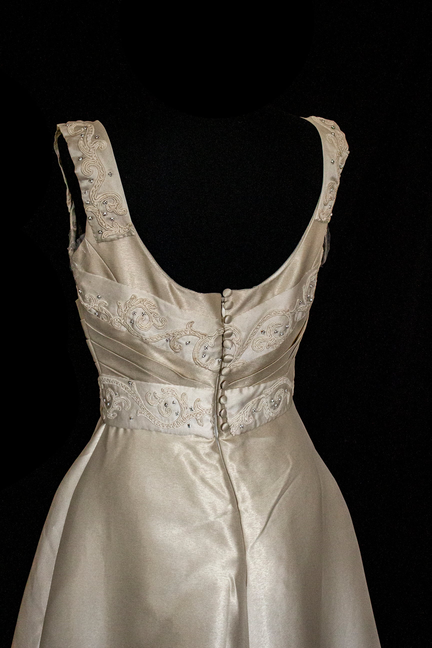 307 - REGAL BRONZE SILK MIKADO WEDDING DRESS: A-LINE GOWN WITH ANTIQUE 1960S EMBROIDERY