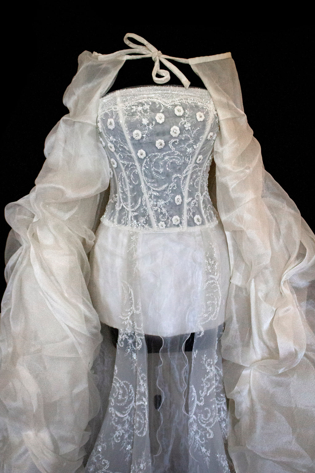 365 - VINTAGE 90s UPCYCLED EMBROIDERED WEDDING DRESS: STRAPLESS WRAP GOWN WITH IRIDESCENT DRAMA CAPE