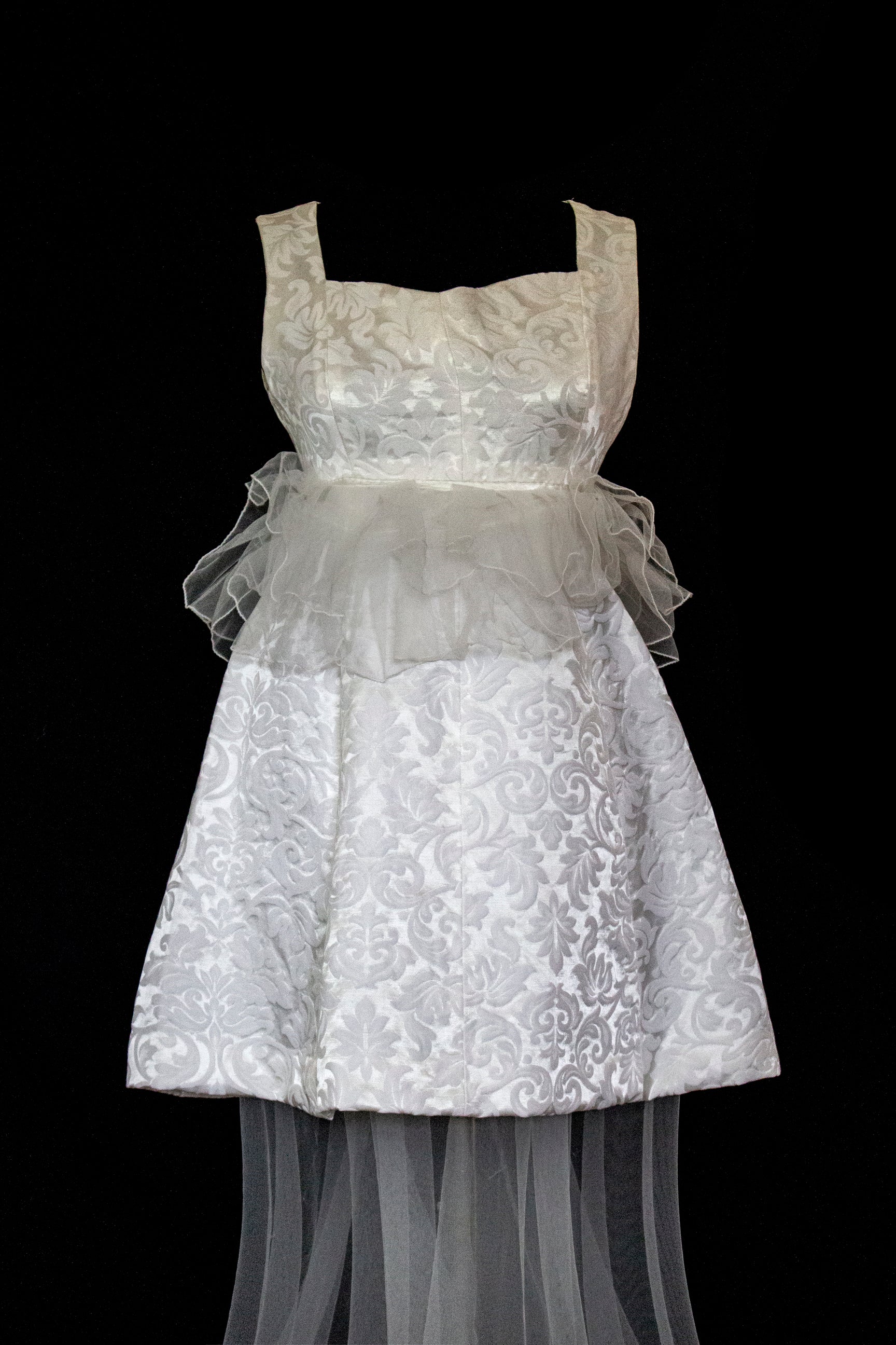 Vintage 90s Mini Wedding Dress | Damask Bridal Dress with Cape & Bow - 368