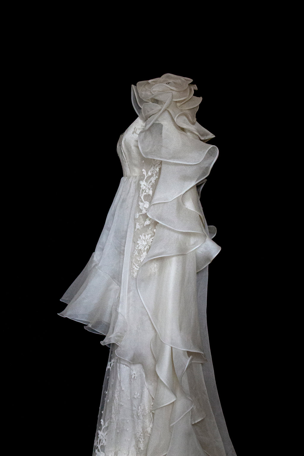 340 - OFF-WHITE SILK ORGANZA & ECRU LACE UPCYCLED WEDDING DRESS: UNIQUE EMPIRE GOWN WITH PLEATED WINGS