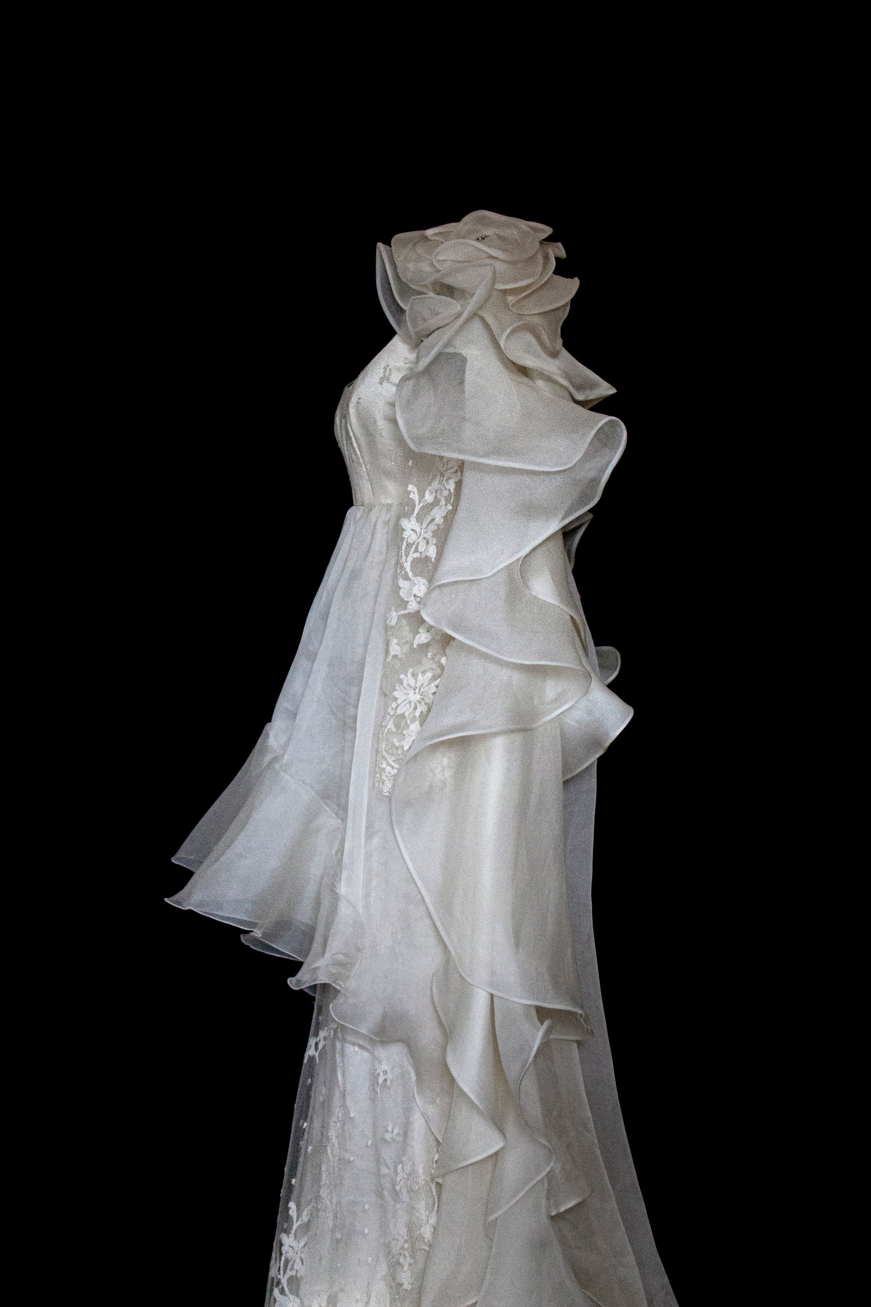 340 - OFF-WHITE SILK ORGANZA & ECRU LACE UPCYCLED WEDDING DRESS: UNIQUE EMPIRE GOWN WITH PLEATED WINGS