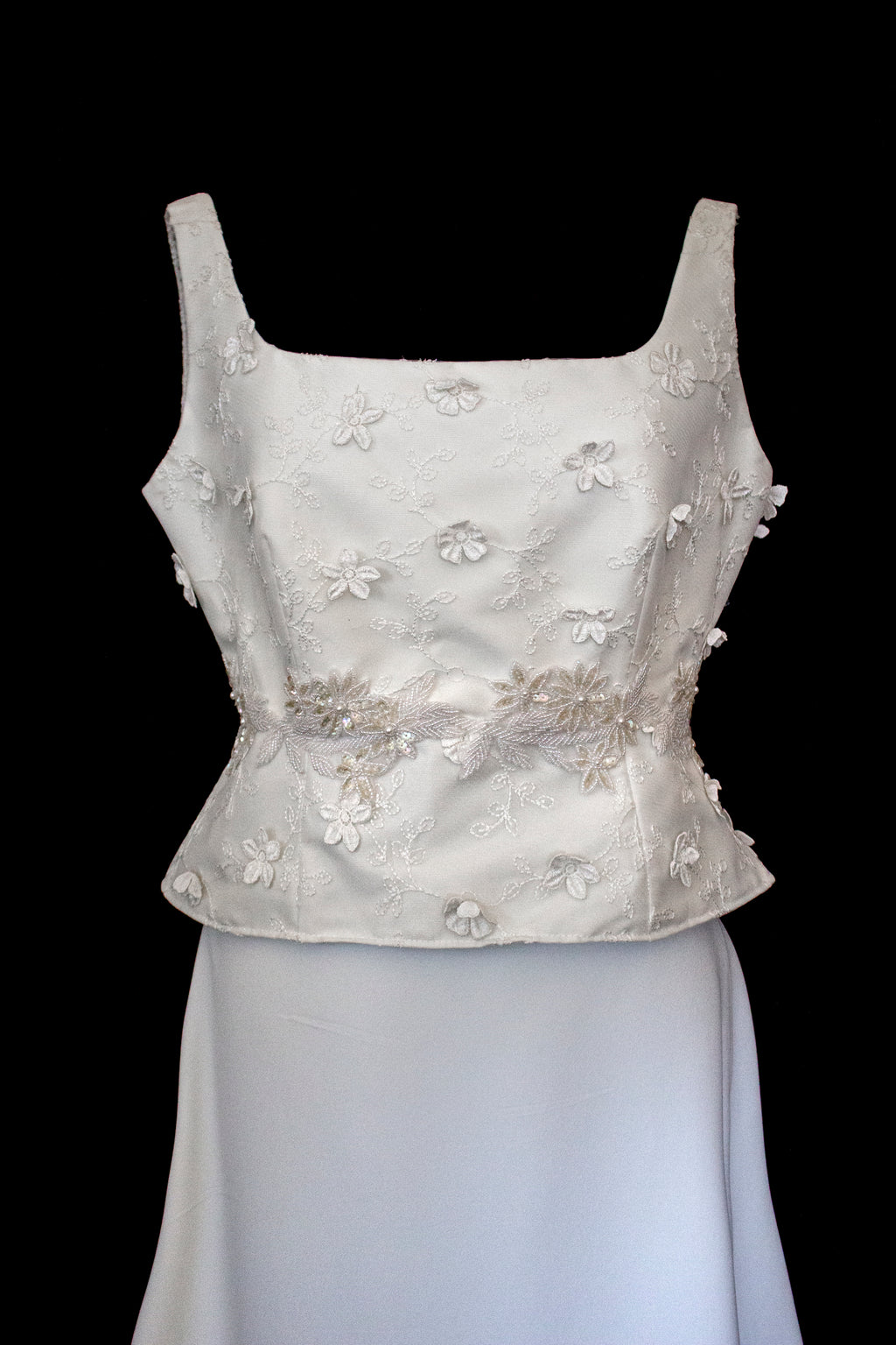 293 - UNIQUE UPCYCLED 3-PIECE BRIDAL SET: 3D FLORAL TOP, MIKADO SKIRT & BRIDAL VEST