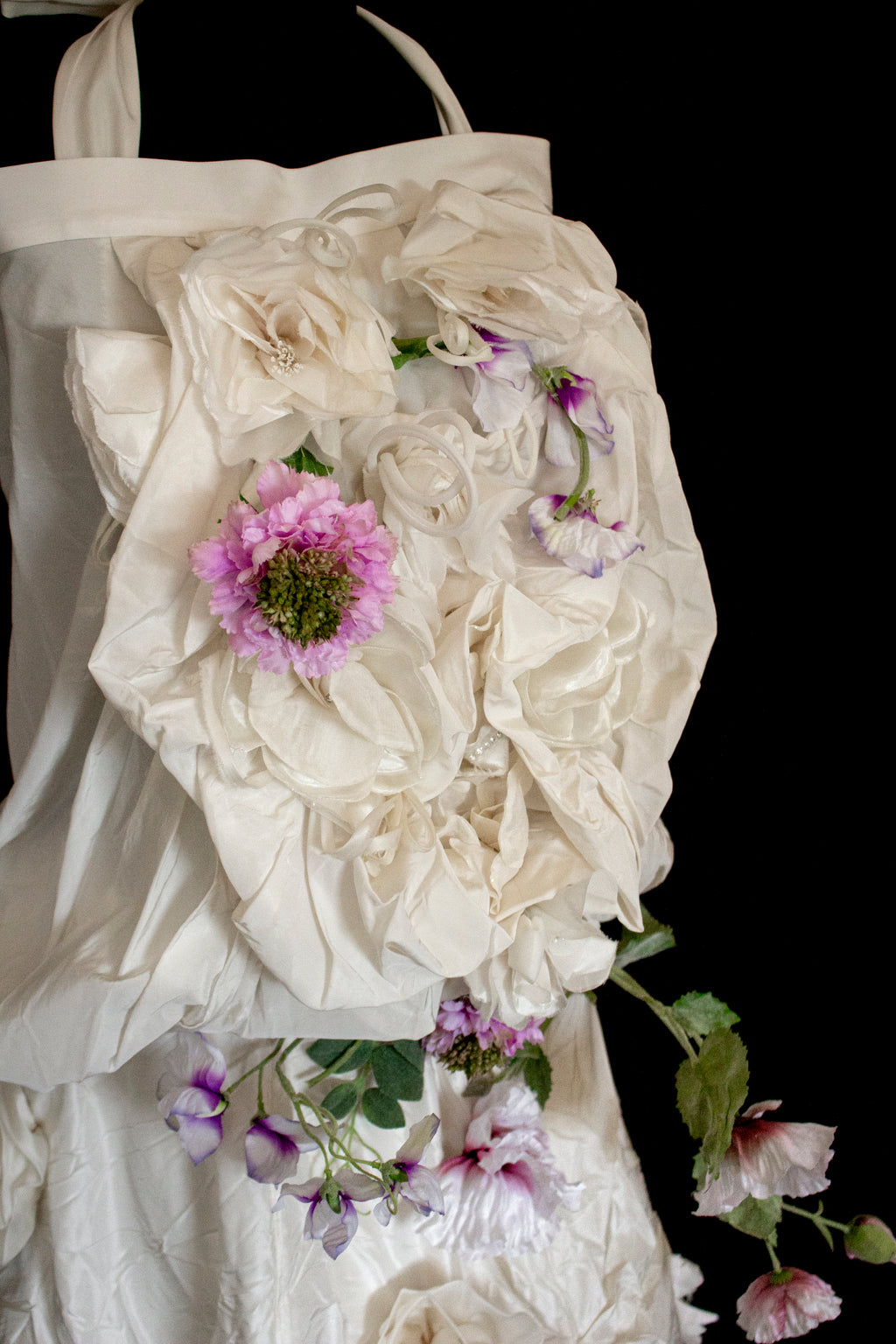 297- UNIQUE ROMANTIC VINTAGE SILK TAFFETA ENSEMBLE: BALLOON TOP & 3D MULTICOLOR FLORAL SKIRT - Vague atelier
