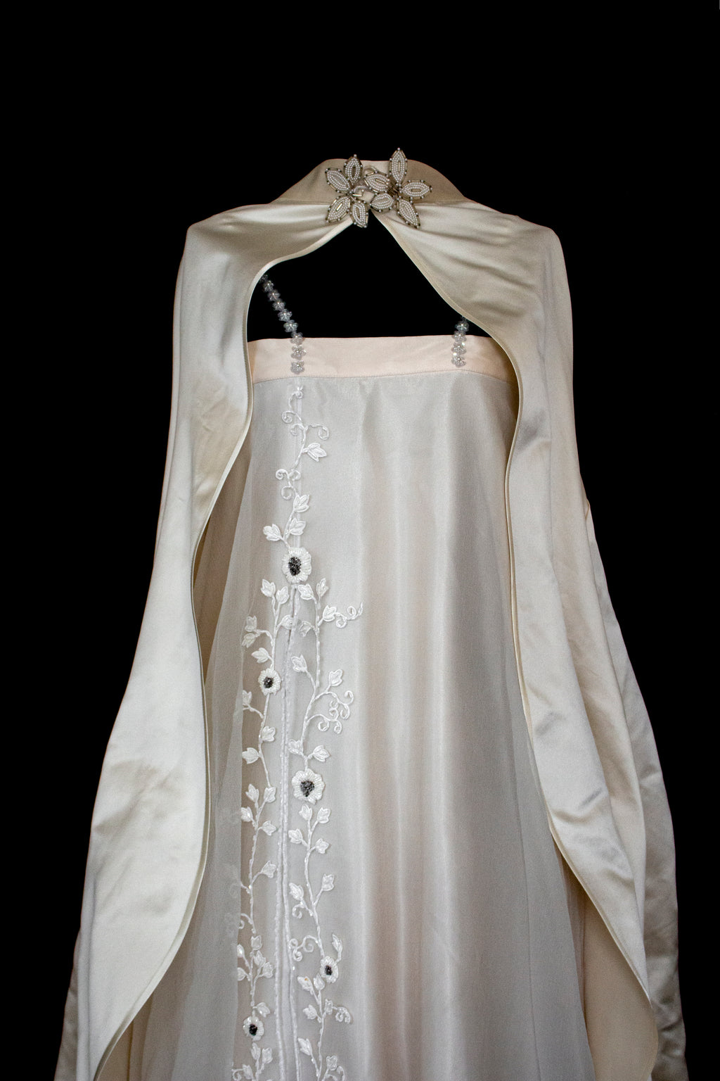 347 - UNIQUE UPCYCLED SILK SATIN WEDDING DRESS: POWDER PINK SLIP GOWN & IVORY CAPE ENSEMBLE, SILVER FLORAL EMBROIDERY, BOHO LUXURY