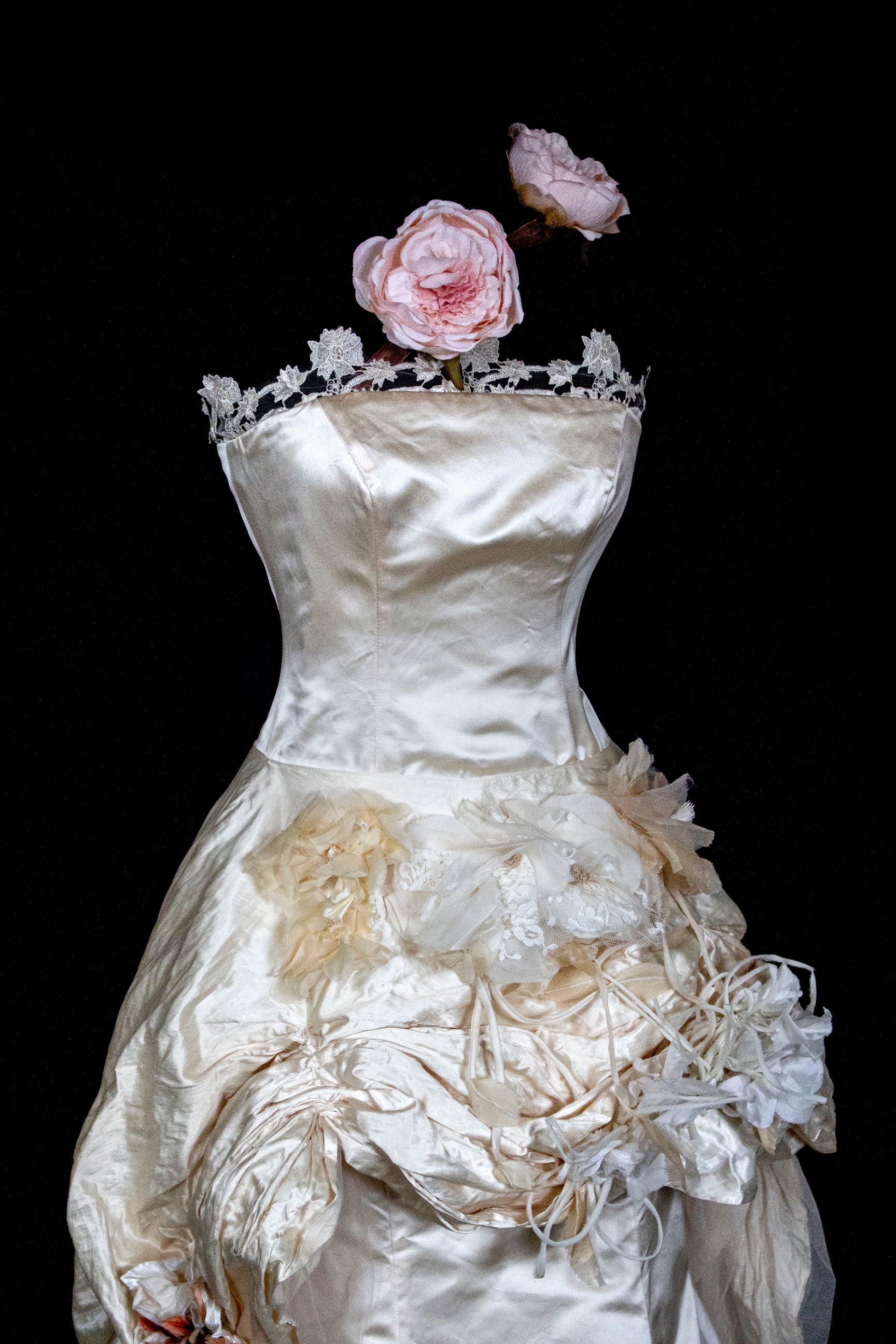 348 - UNIQUE UPCYCLED SILK MERMAID WEDDING DRESS: 90S CREAM TAFFETA GOWN WITH PINK PEONIES, EMBOSSED FLORAL DETAILS & BOHO ROMANTIC STYLE