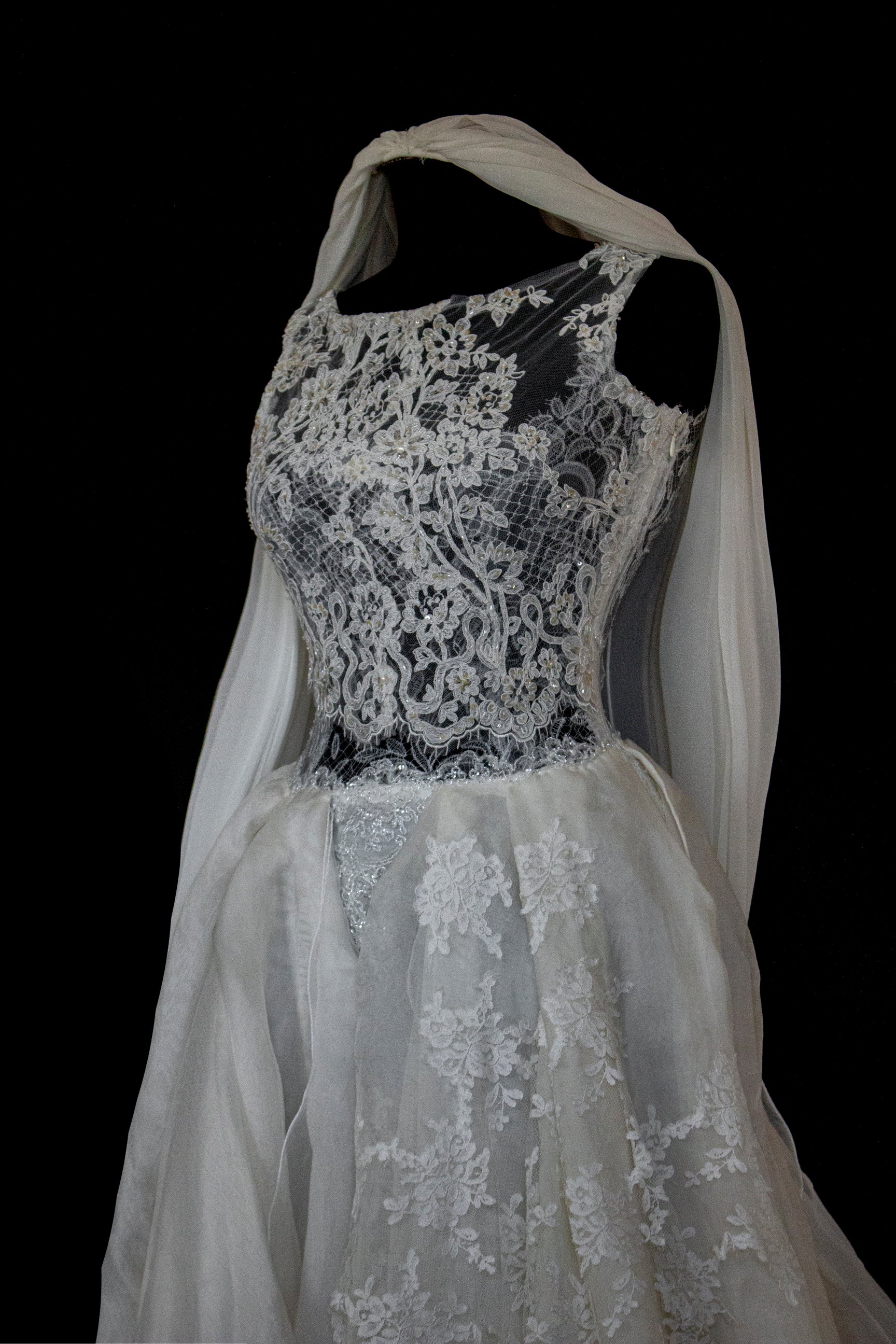 331 - ONE OF A KIND UPCYCLED VINTAGE BRIDAL GOWN: ASYMMETRIC LAYERED SILK CLOUD SKIRT & EMBROIDERED LACE - Vague atelier