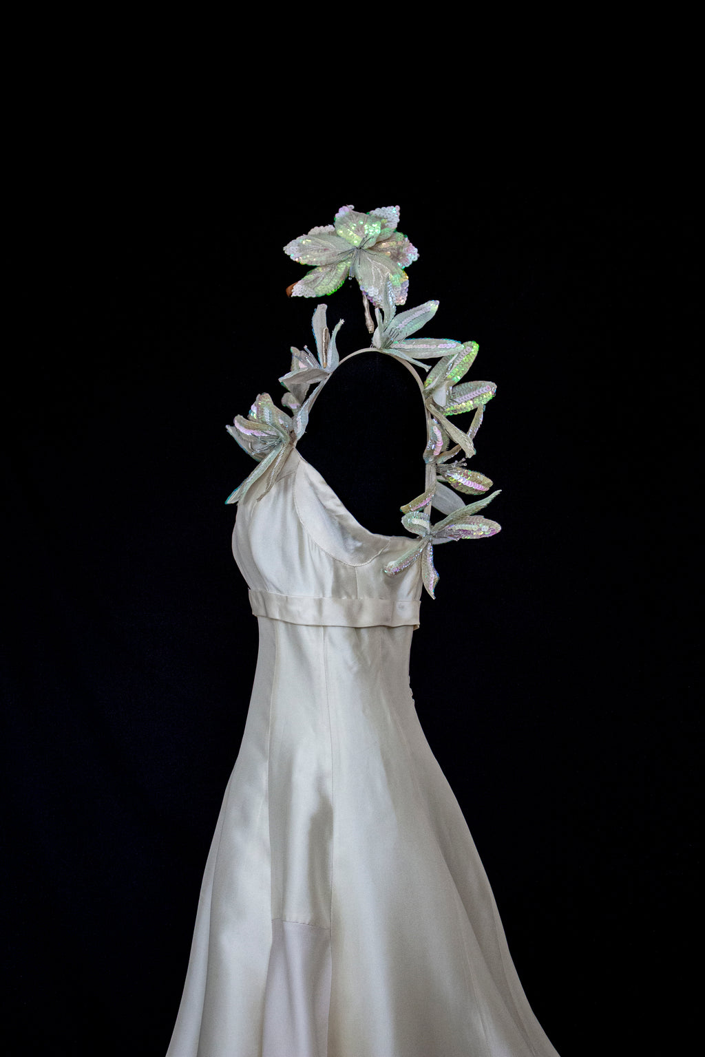 262 - RARE VINTAGE CHAMPAGNE BRIDAL GOWN: SILK MIKADO WITH AUTHENTIC 80S SEQUIN MAXI FLOWERS