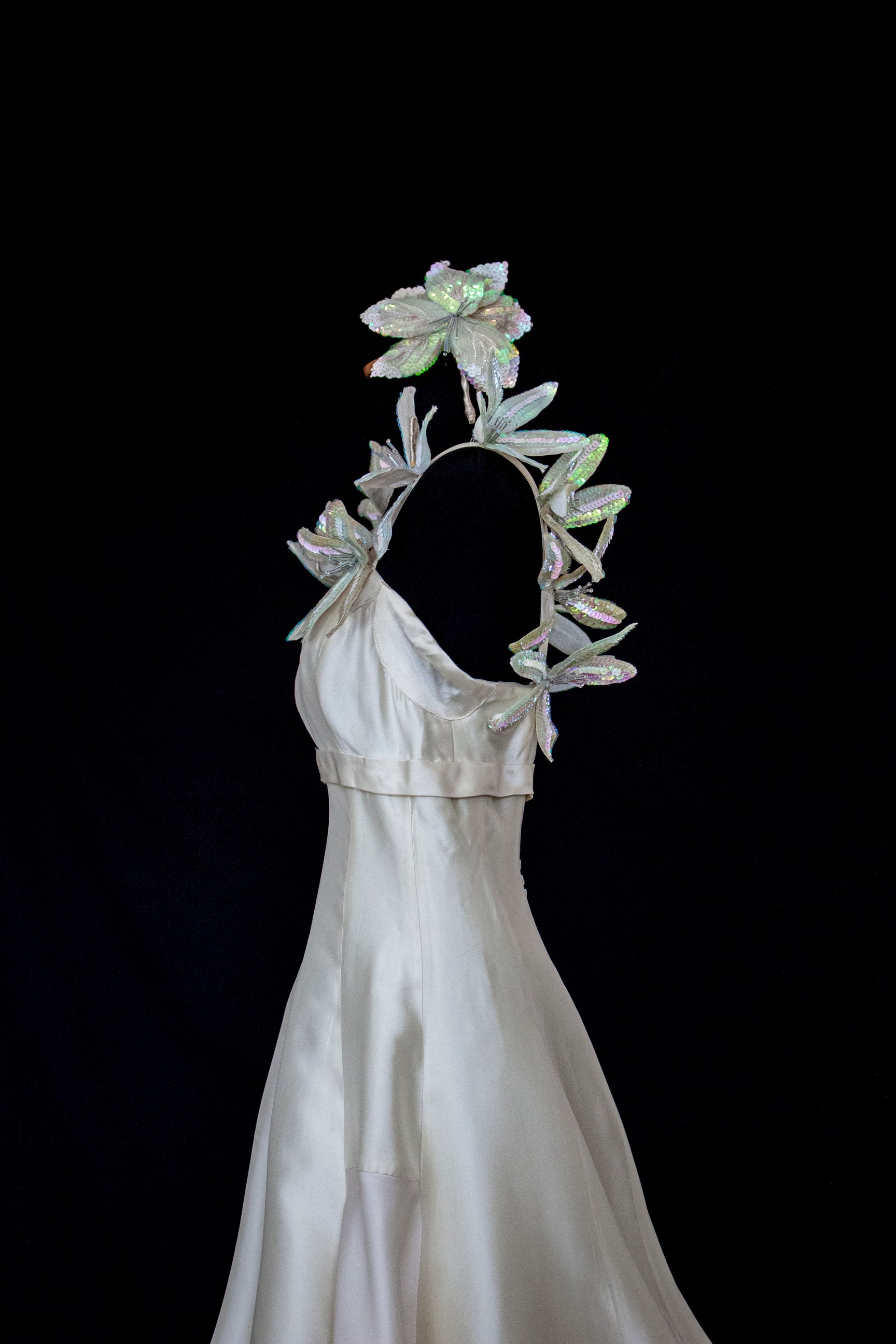 262 - RARE VINTAGE CHAMPAGNE BRIDAL GOWN: SILK MIKADO WITH AUTHENTIC 80S SEQUIN MAXI FLOWERS