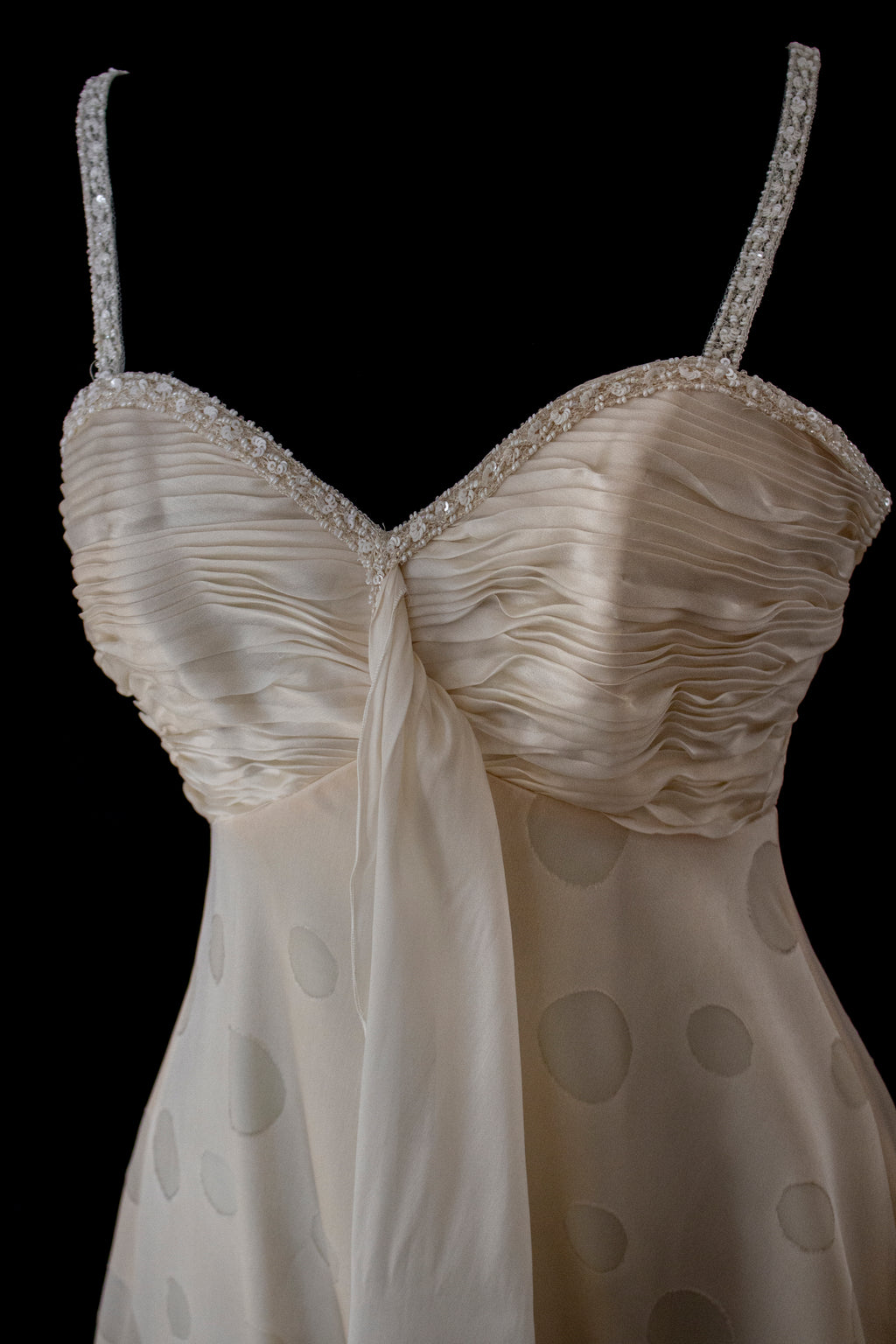 338 - IVORY CHAMPAGNE SILK ORGANZA WEDDING DRESS: POLKA / POIS DOT EMPIRE GOWN WITH BEADED STRAPS & FULL CIRCLE TRAIN - Vague atelier