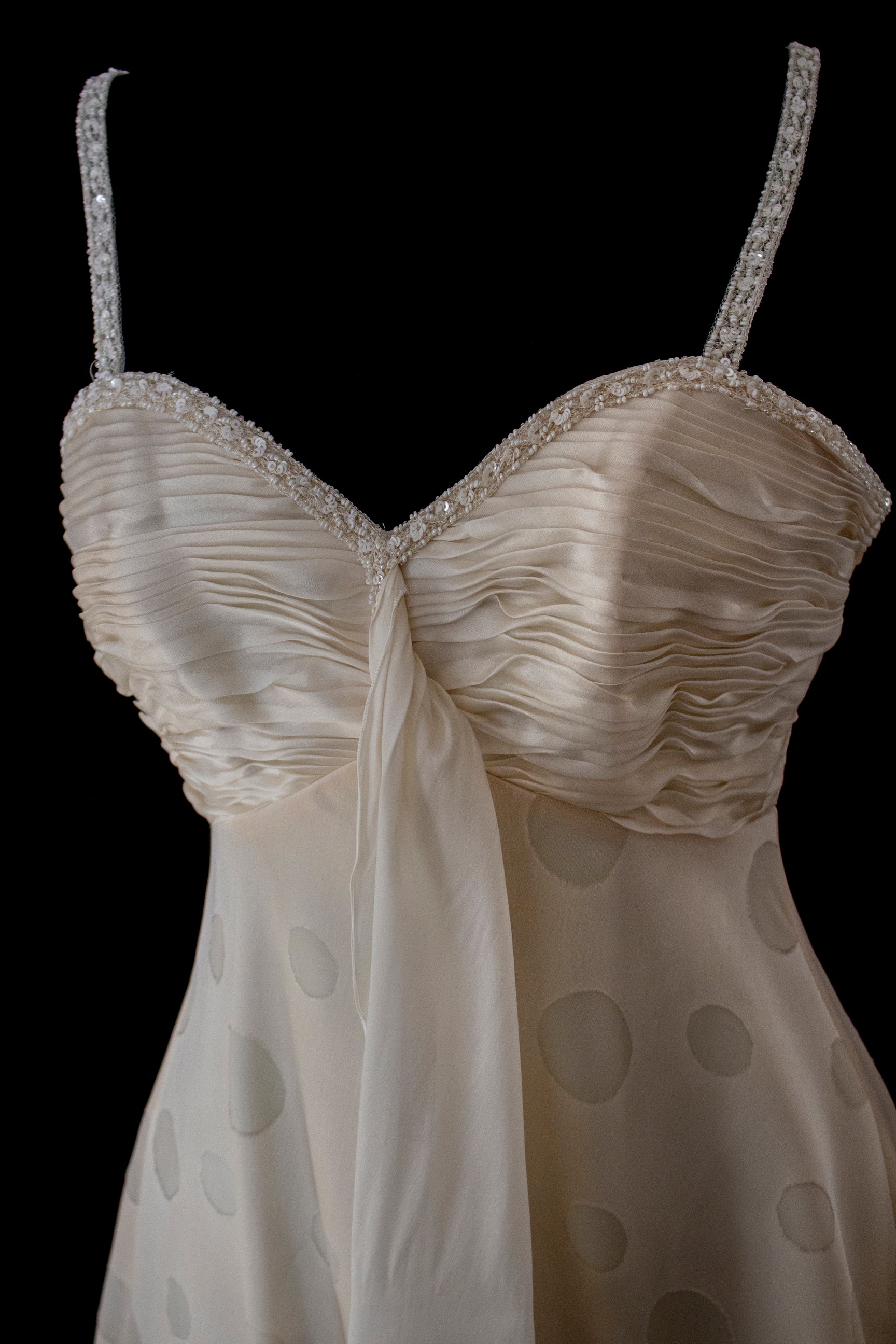 338 - IVORY CHAMPAGNE SILK ORGANZA WEDDING DRESS: POLKA / POIS DOT EMPIRE GOWN WITH BEADED STRAPS & FULL CIRCLE TRAIN - Vague atelier