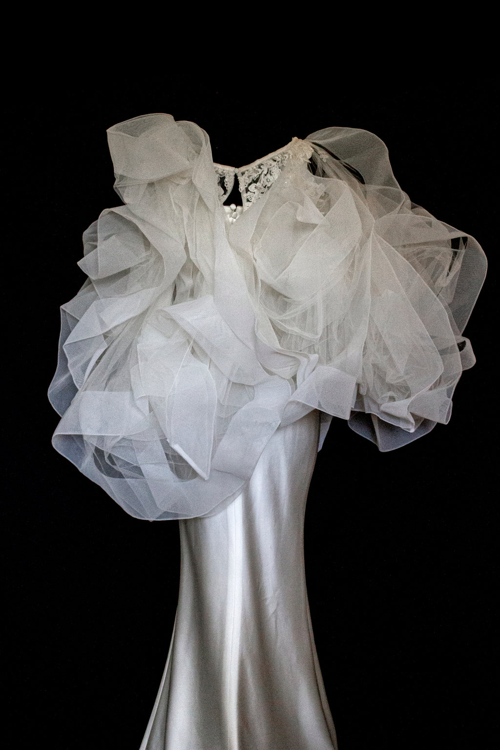 360 - VINTAGE SLIP STYLE WEDDING DRESS: CREAM FLUID SATIN GOWN WITH EMBROIDERED TULLE CAPE