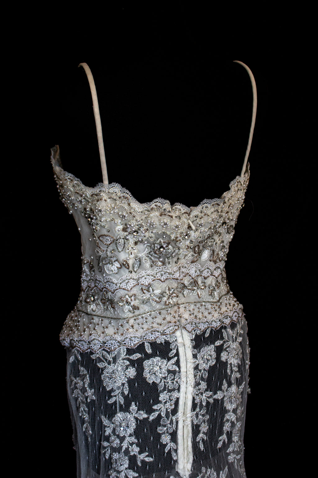 239 - VINTAGE OFF-WHITE MERMAID SWAROVSKI WEDDING DRESS: GOWN WITH NUDE POLKA DOT TULLE & SILVER FLORAL EMBROIDERY