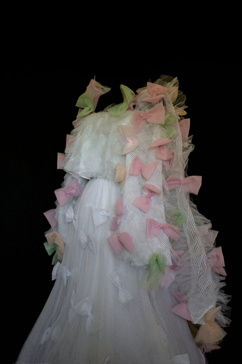 363 - VINTAGE 90s UPCYCLED TULLE 3-PIECE WEDDING DRESS: EMBROIDERED GOWN WITH HANDMADE BOWS AND CAPE