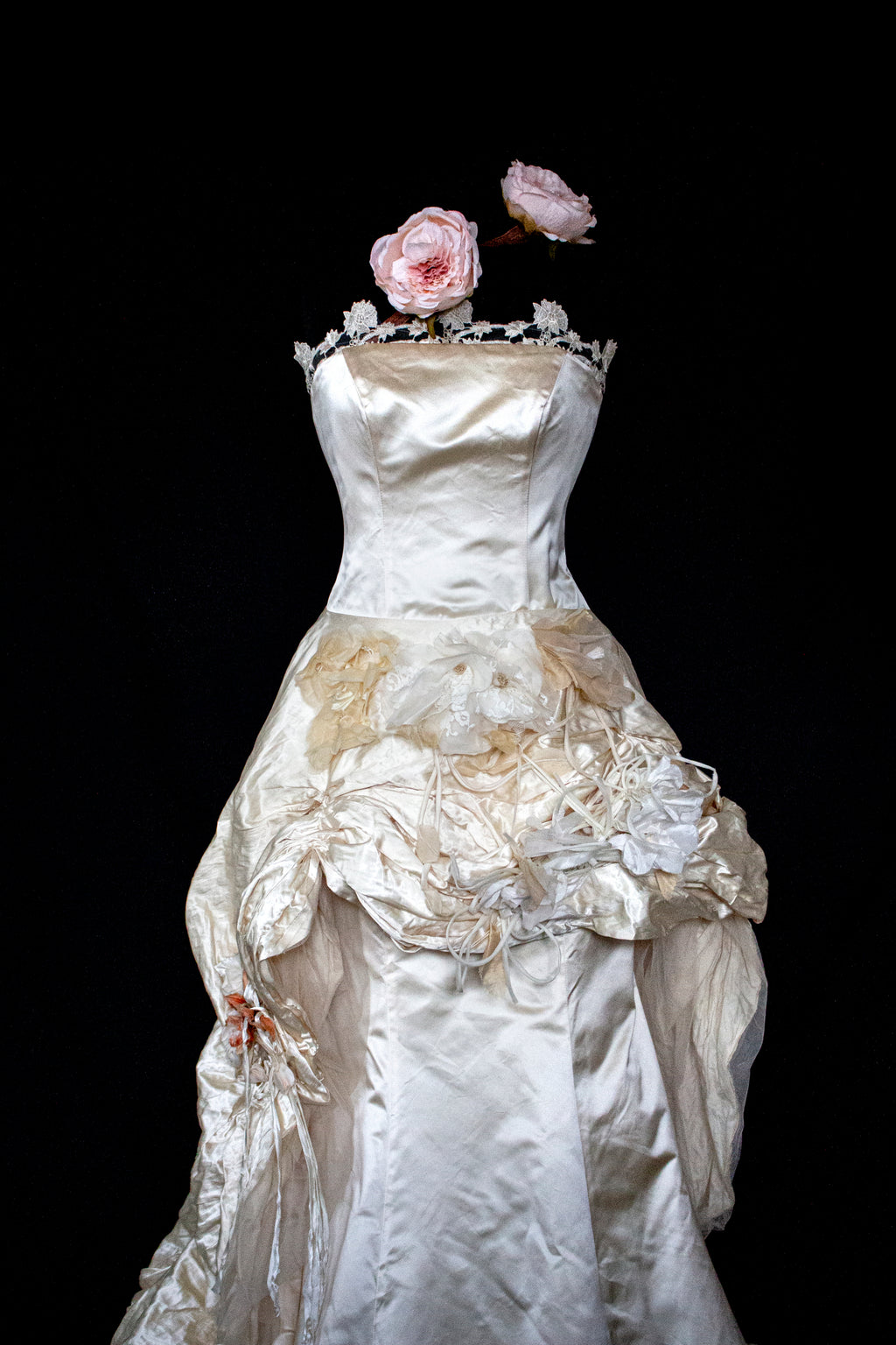 348 - UNIQUE UPCYCLED SILK MERMAID WEDDING DRESS: 90S CREAM TAFFETA GOWN WITH PINK PEONIES, EMBOSSED FLORAL DETAILS & BOHO ROMANTIC STYLE