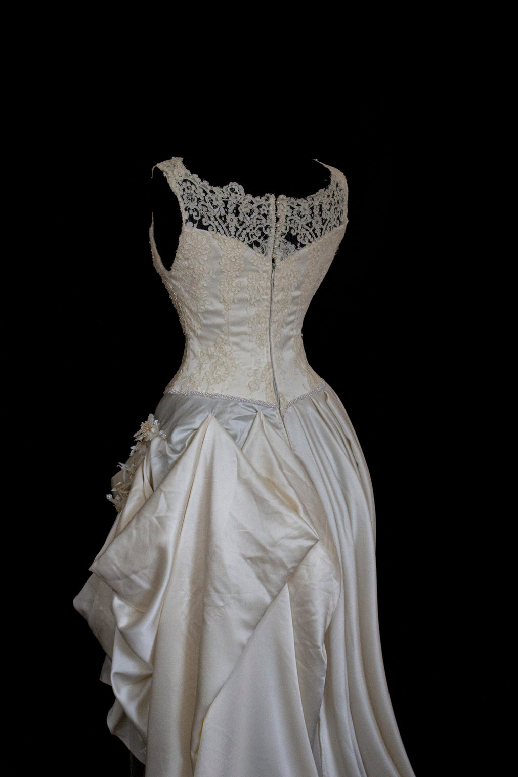 337 - IVORY CHAMPAGNE UPCYCLED COUTURE WEDDING DRESS: MIXED VINTAGE SILKS WITH HAND-EMBROIDERED LACE & FLORAL RAMAGE - Vague atelier