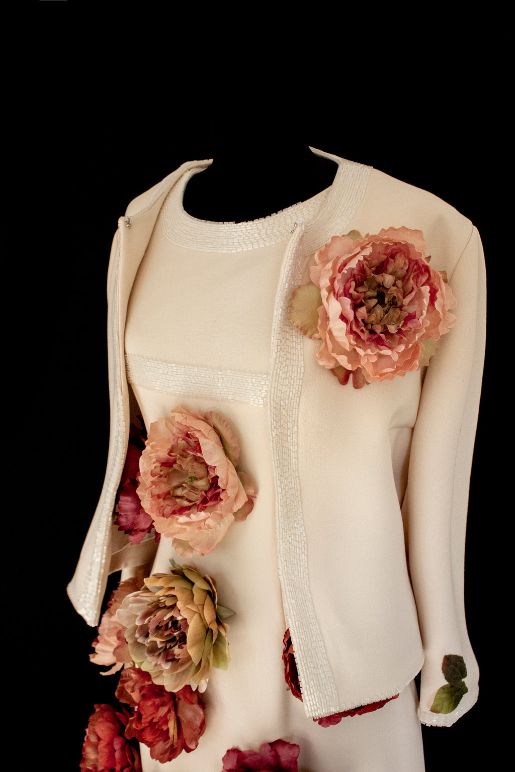 326 - SUSTAINABLE VINTAGE BRIDAL SET: WOOL CREPE DRESS & JACKET WITH COLORFUL PEONIES