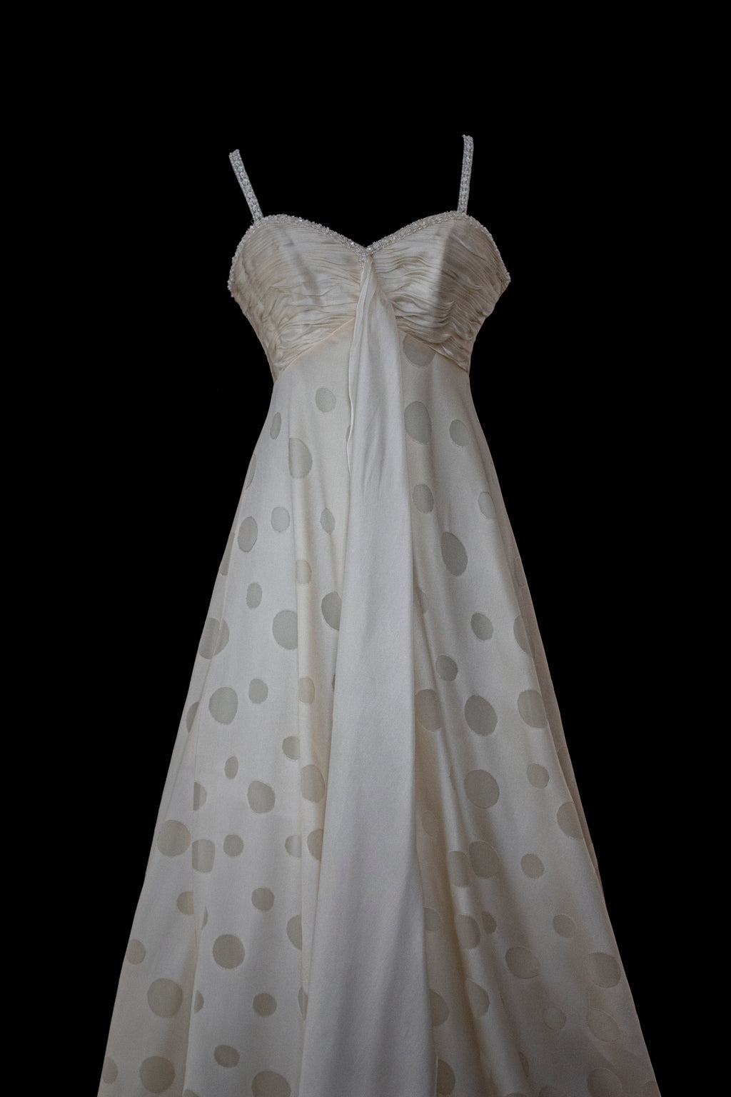 338 - IVORY CHAMPAGNE SILK ORGANZA WEDDING DRESS: POLKA / POIS DOT EMPIRE GOWN WITH BEADED STRAPS & FULL CIRCLE TRAIN - Vague atelier