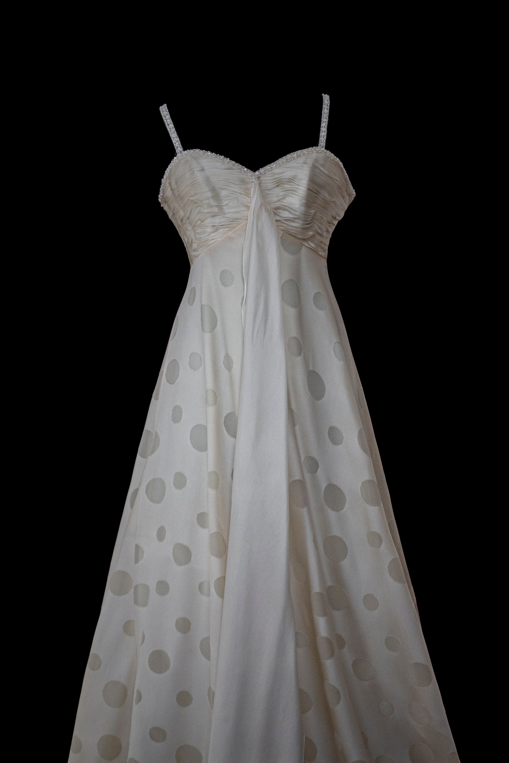 338 - IVORY CHAMPAGNE SILK ORGANZA WEDDING DRESS: POLKA / POIS DOT EMPIRE GOWN WITH BEADED STRAPS & FULL CIRCLE TRAIN - Vague atelier