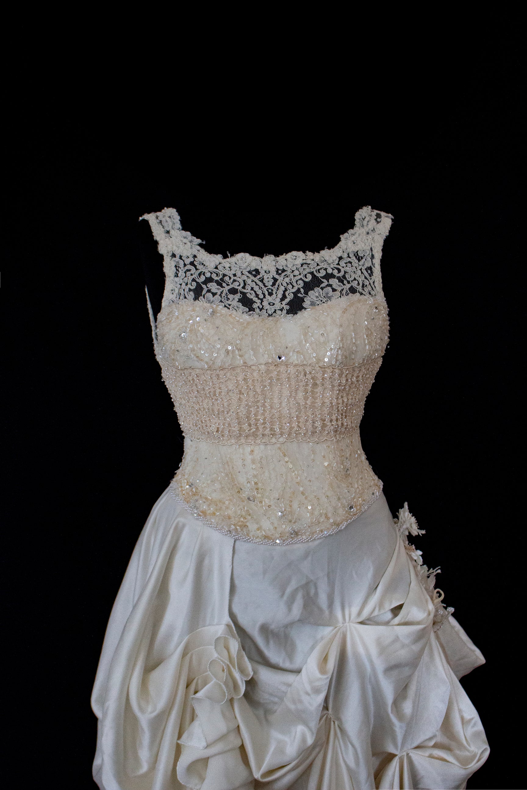 337 - IVORY CHAMPAGNE UPCYCLED COUTURE WEDDING DRESS: MIXED VINTAGE SILKS WITH HAND-EMBROIDERED LACE & FLORAL RAMAGE - Vague atelier