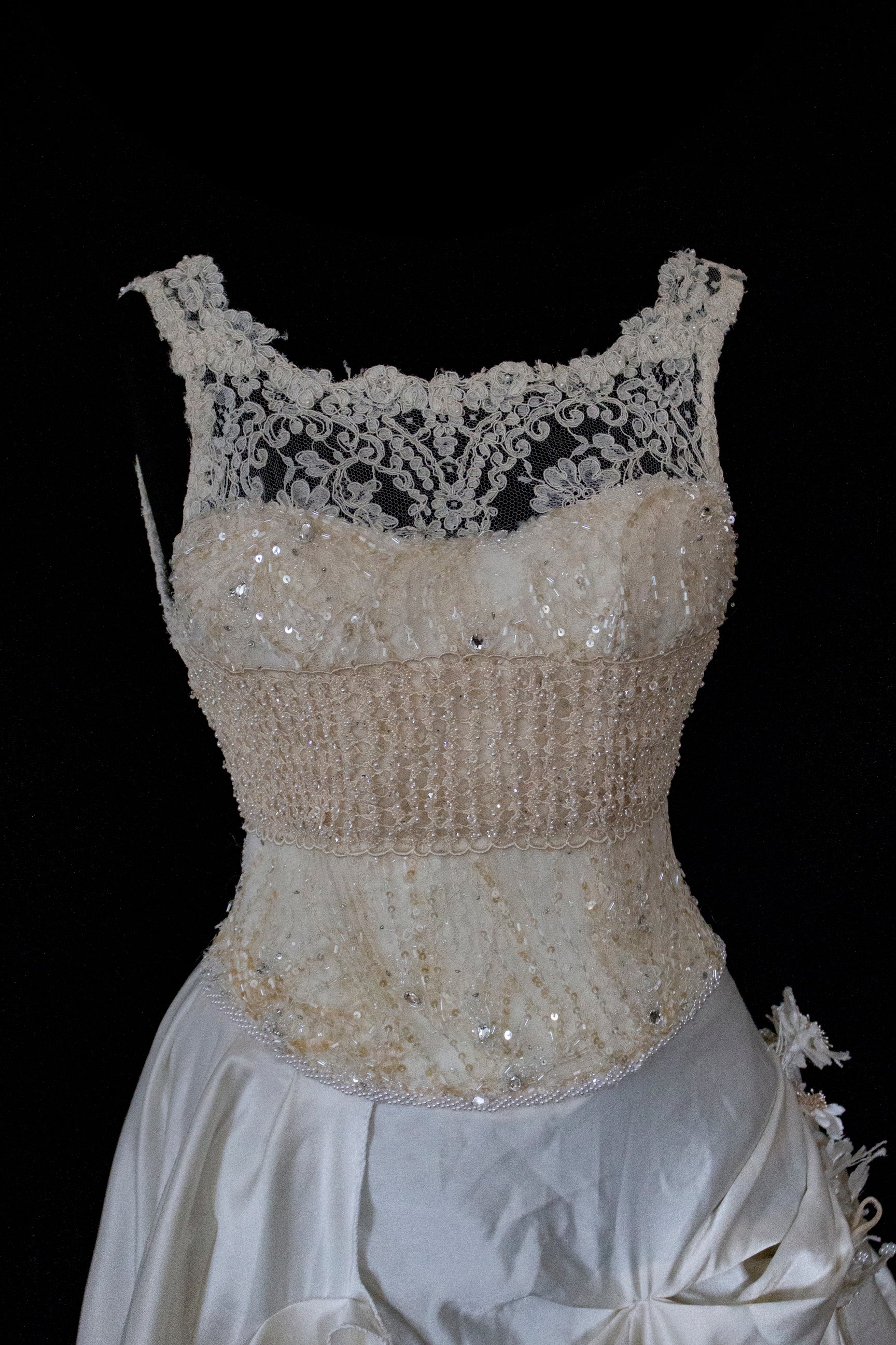 337 - IVORY CHAMPAGNE UPCYCLED COUTURE WEDDING DRESS: MIXED VINTAGE SILKS WITH HAND-EMBROIDERED LACE & FLORAL RAMAGE