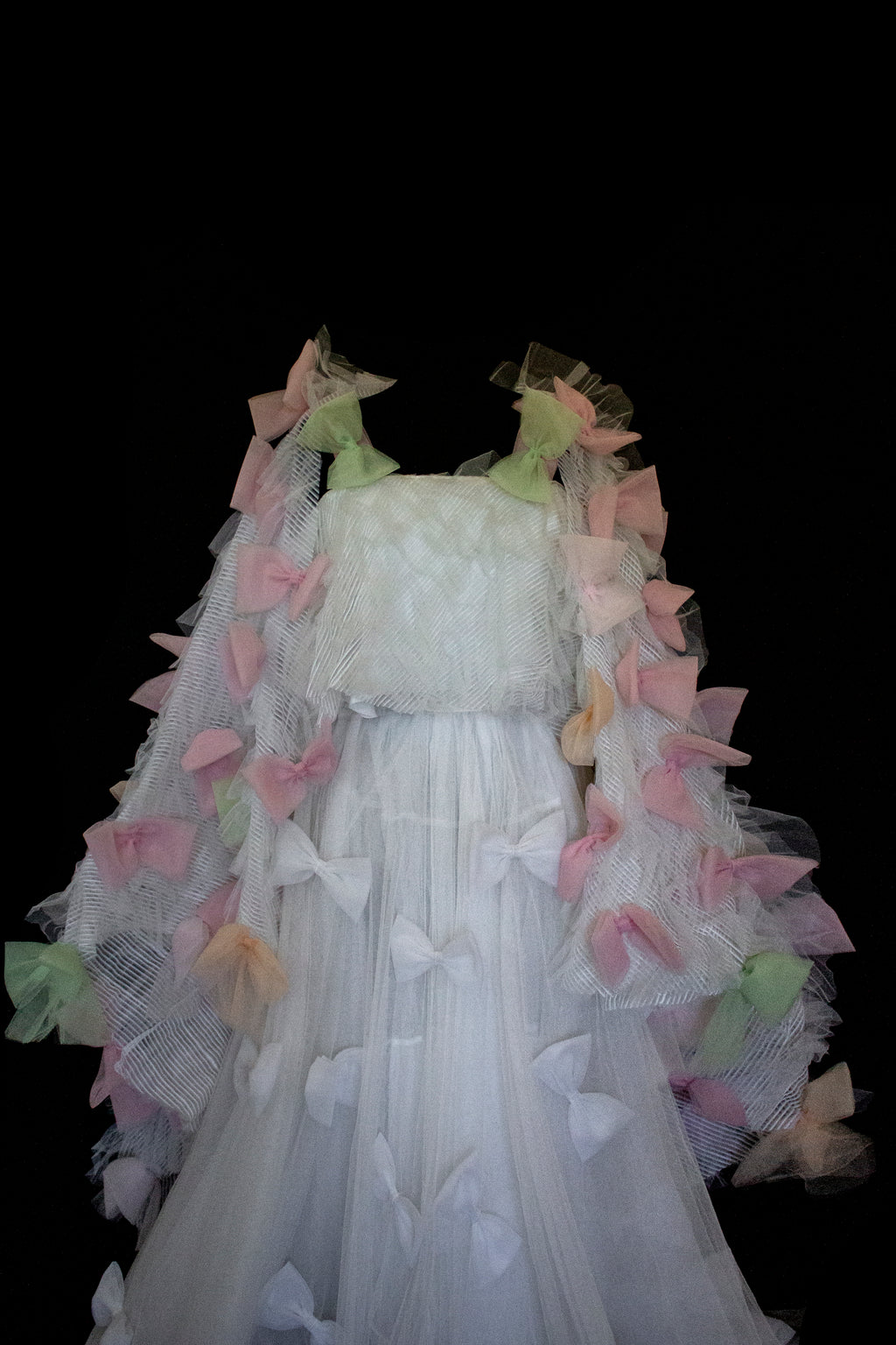 363 - VINTAGE 90s UPCYCLED TULLE 3-PIECE WEDDING DRESS: EMBROIDERED GOWN WITH HANDMADE BOWS AND CAPE