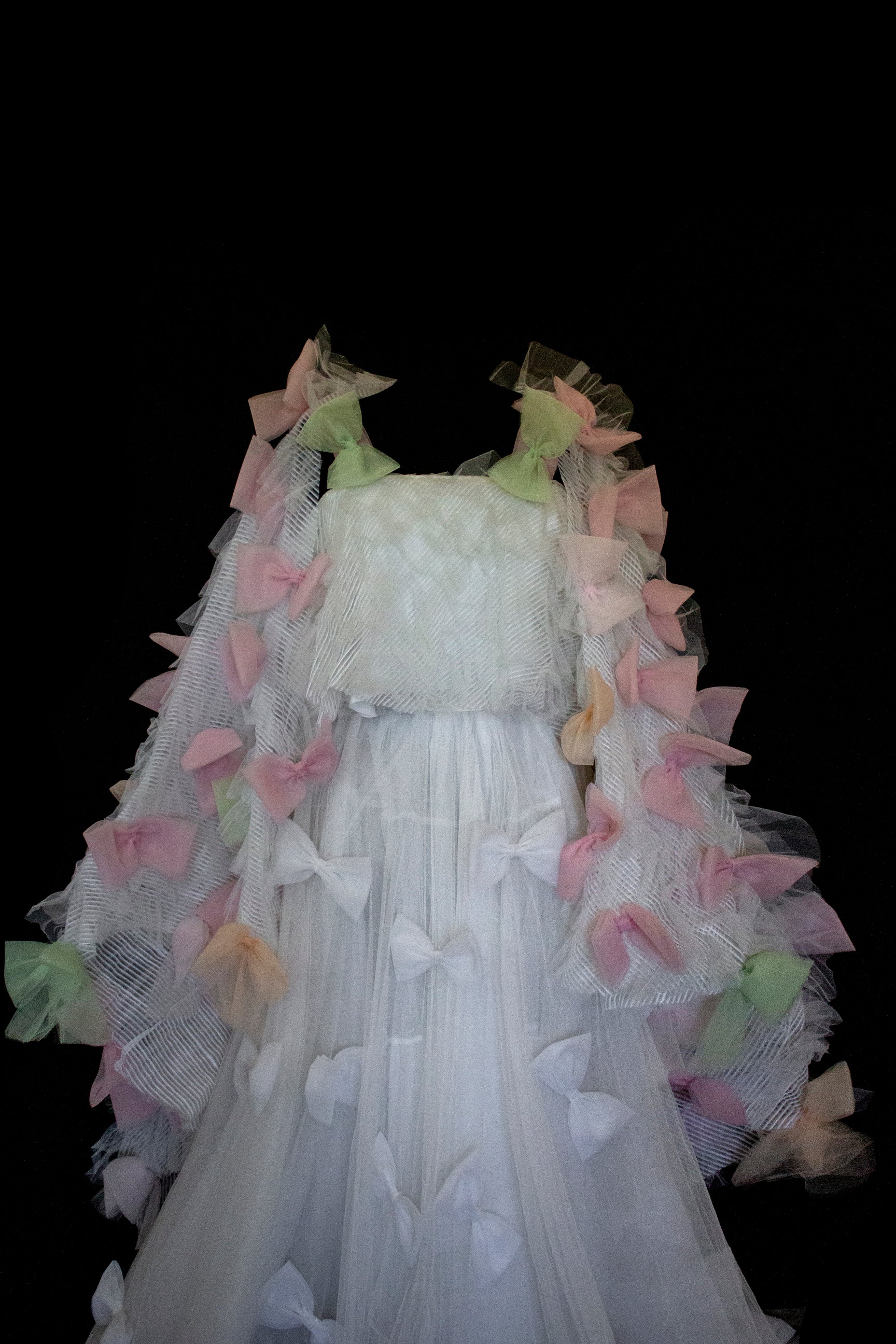 363 - VINTAGE 90s UPCYCLED TULLE 3-PIECE WEDDING DRESS: EMBROIDERED GOWN WITH HANDMADE BOWS AND CAPE