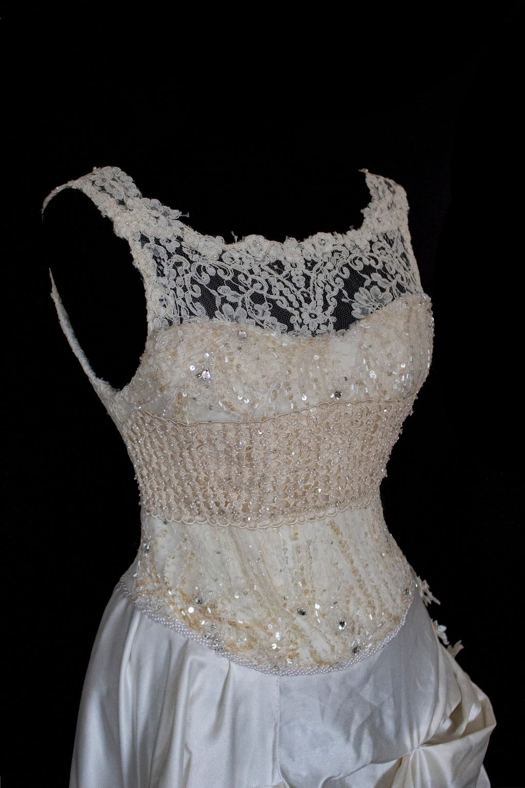 337 - IVORY CHAMPAGNE UPCYCLED COUTURE WEDDING DRESS: MIXED VINTAGE SILKS WITH HAND-EMBROIDERED LACE & FLORAL RAMAGE - Vague atelier