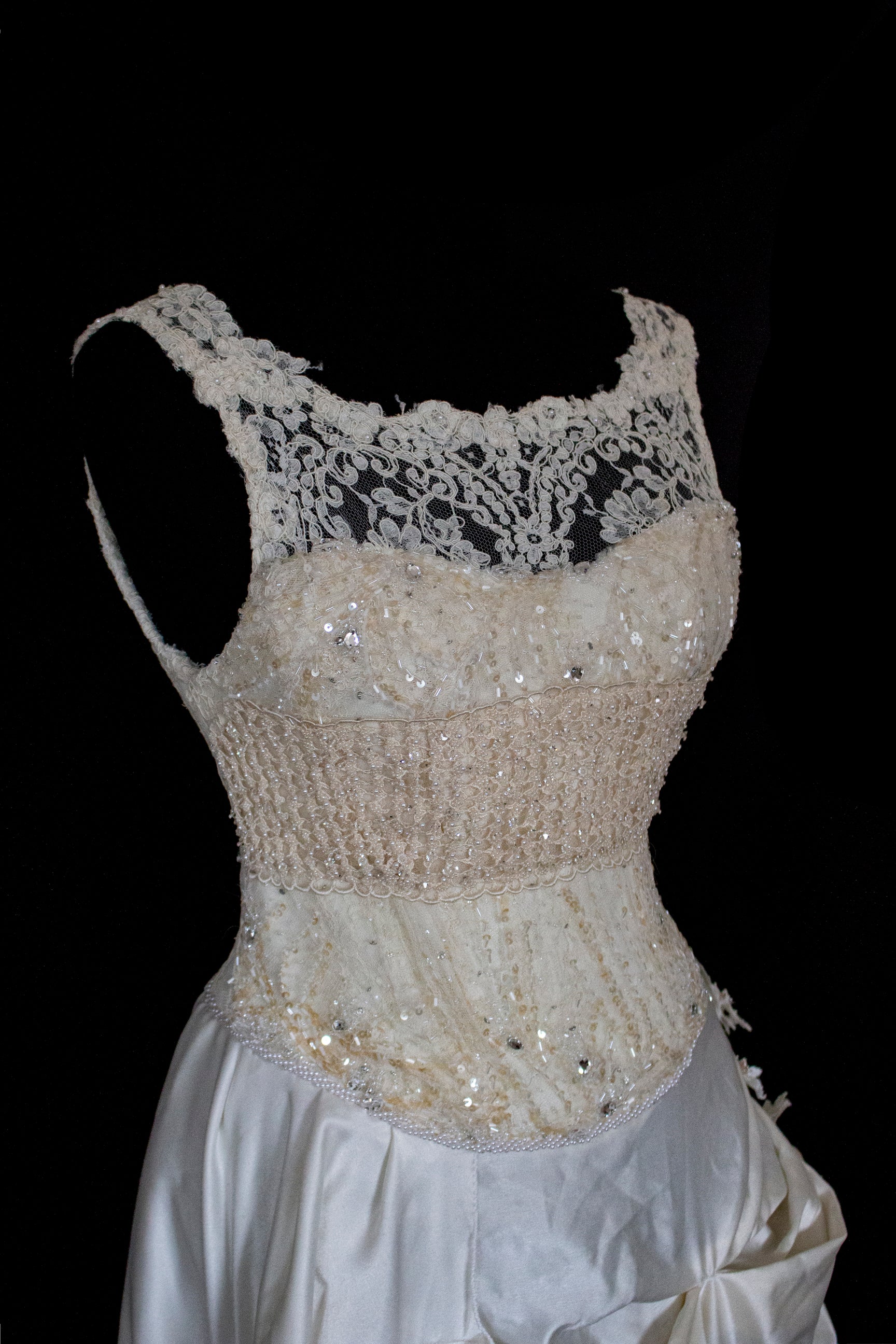 337 - IVORY CHAMPAGNE UPCYCLED COUTURE WEDDING DRESS: MIXED VINTAGE SILKS WITH HAND-EMBROIDERED LACE & FLORAL RAMAGE - Vague atelier